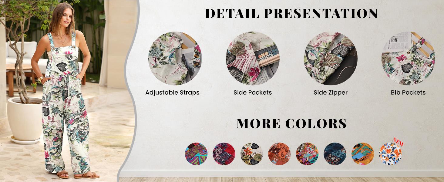 Tanming Women's Patchwork Dual Pocket Jumpsuit Loose Floral Print Bohemian Wide Leg Bib Overall Springfresh
