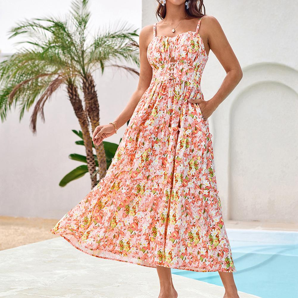 Grace Karin GRACE KARIN Women's Summer Floral Dress Spaghetti Strap Smocked Tiered Casual Boho Maxi Long Sundress with Pockets SpringStatements