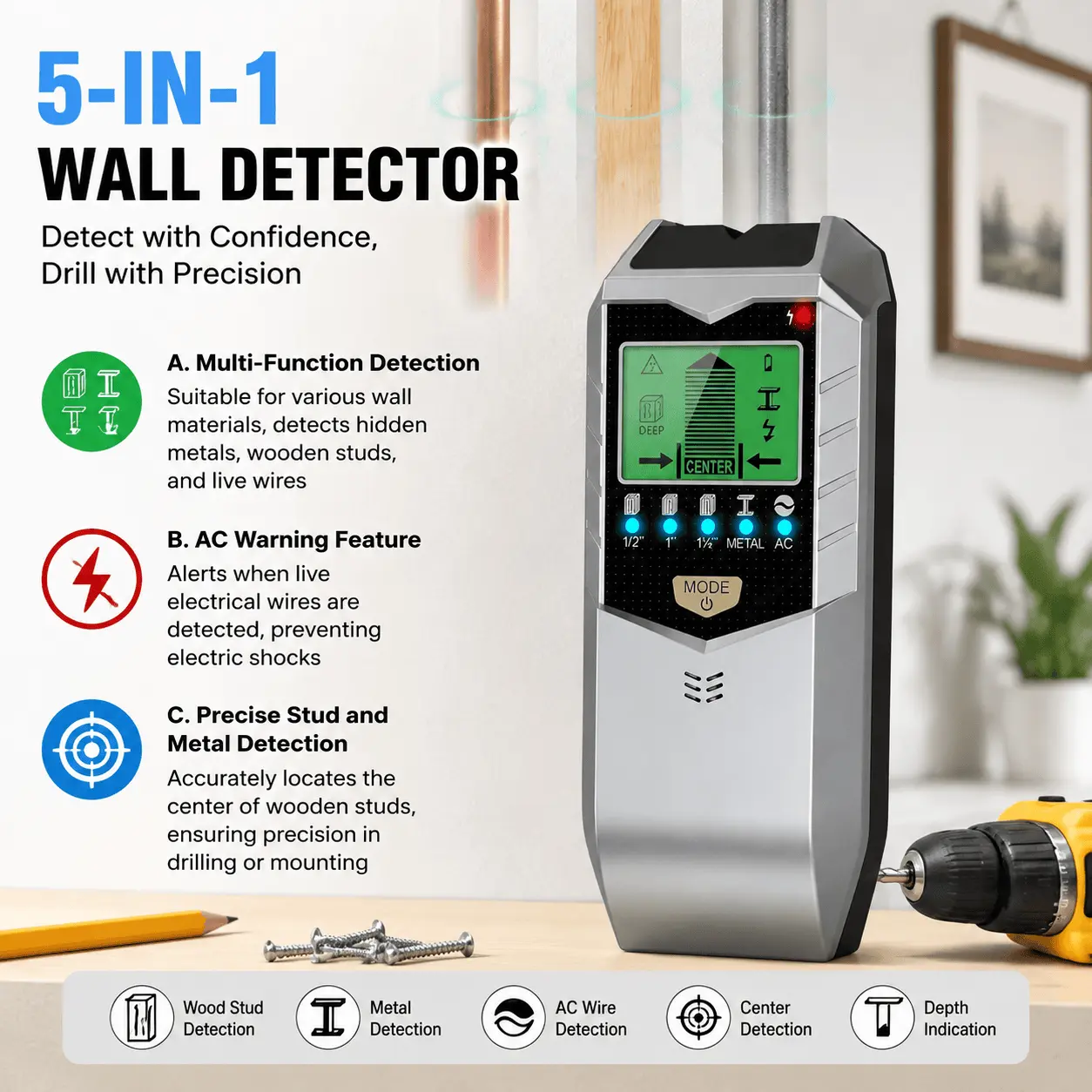 5-in-1 Wall Metal Detector, Stud Finder with LCD Display, Metal and AC Wire Detector for Wood Studs, Live Wires Detection, DIY Home Improvement and Construction Projects Multi-Type