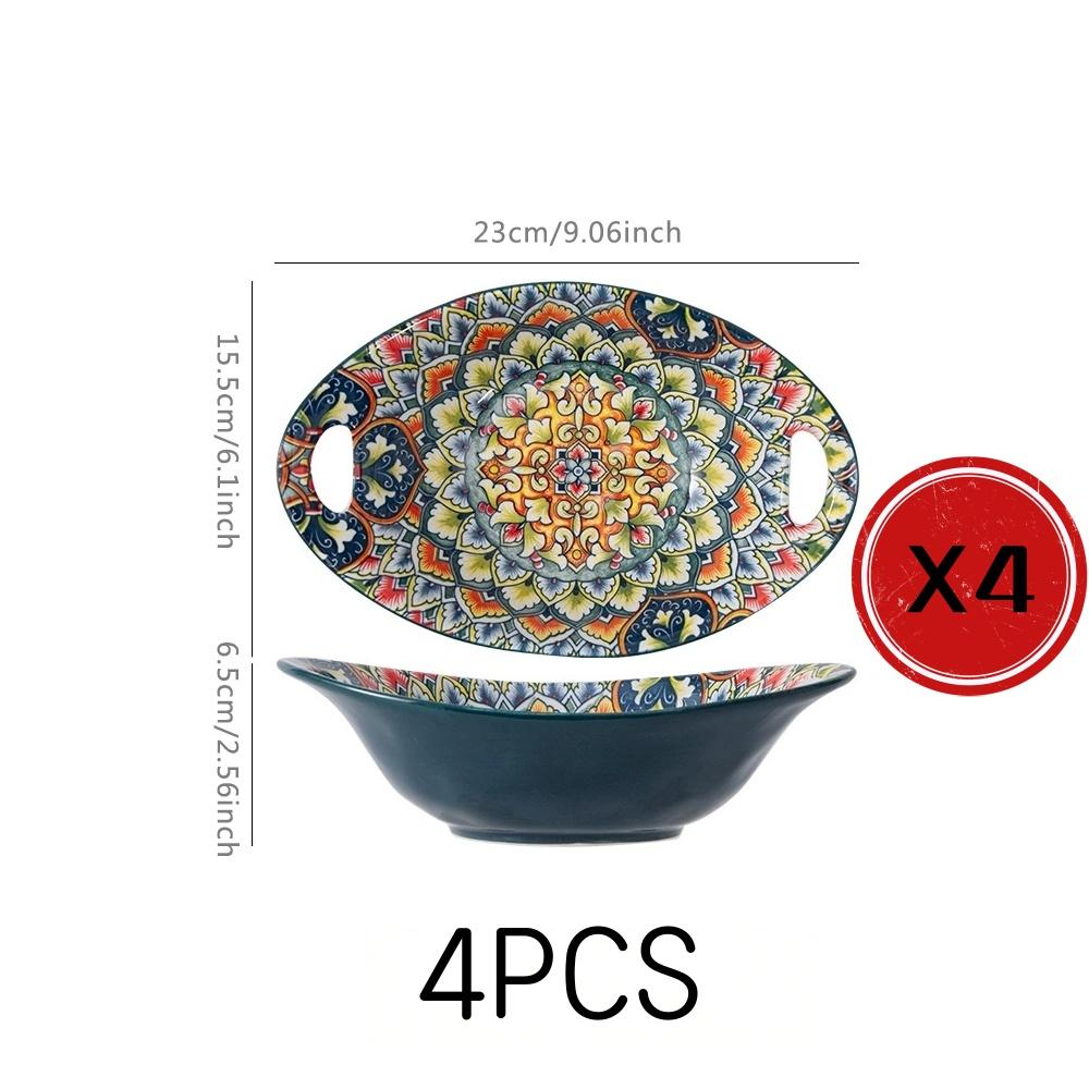 4-Piece Bohemian Ceramic Tableware Set, Hand-Drawn Ethnic Style Bowls and Plates, Creative Home Dining Essentials, Ceramic Dinnerware Sets, Non-Bone China