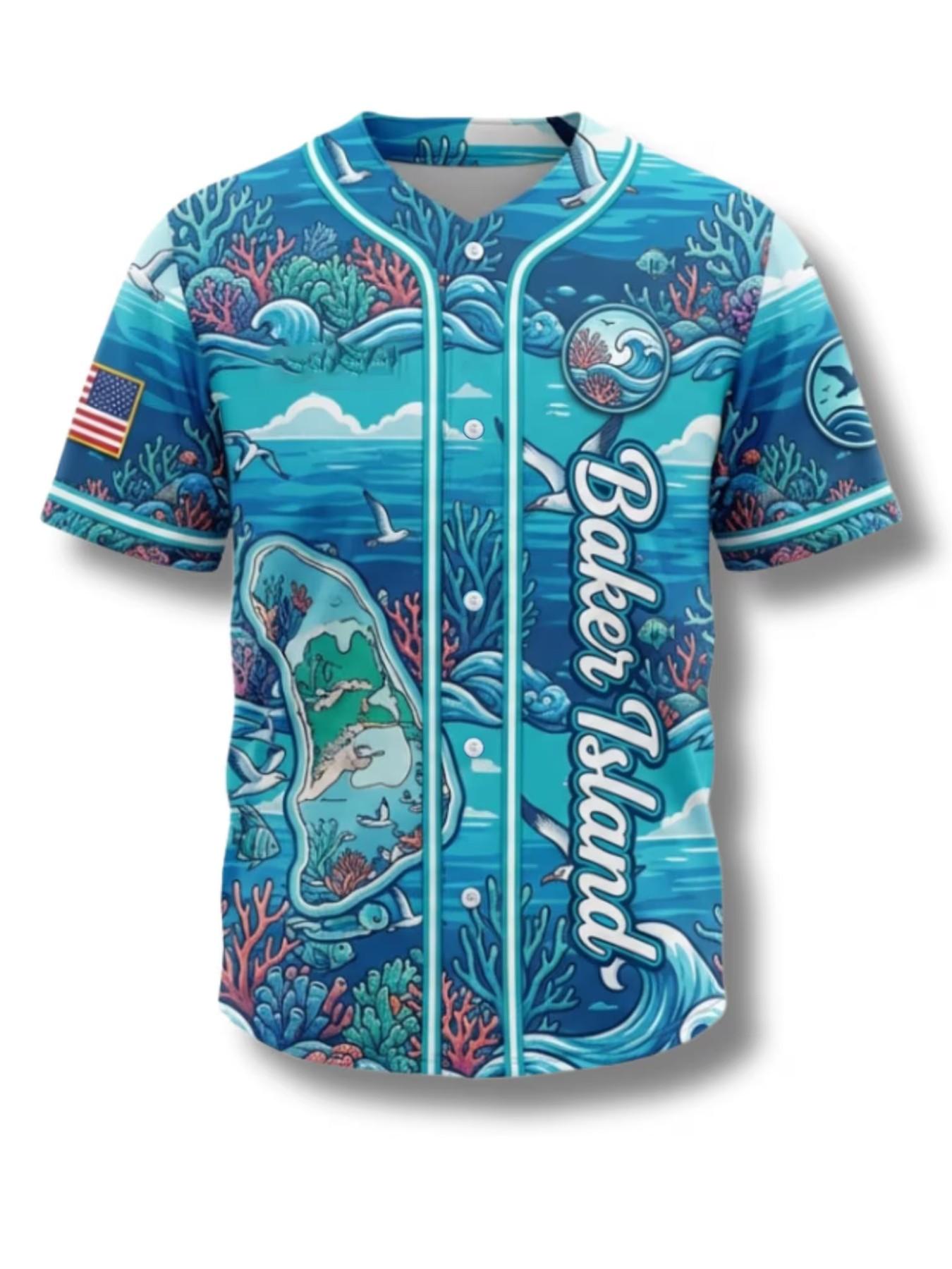 Unisex Casual Baseball Shirt, Jarvis Island Tropical Sports Tee, Baker Island Coral Reef Print, Button Front Short Sleeve, Loose Fit