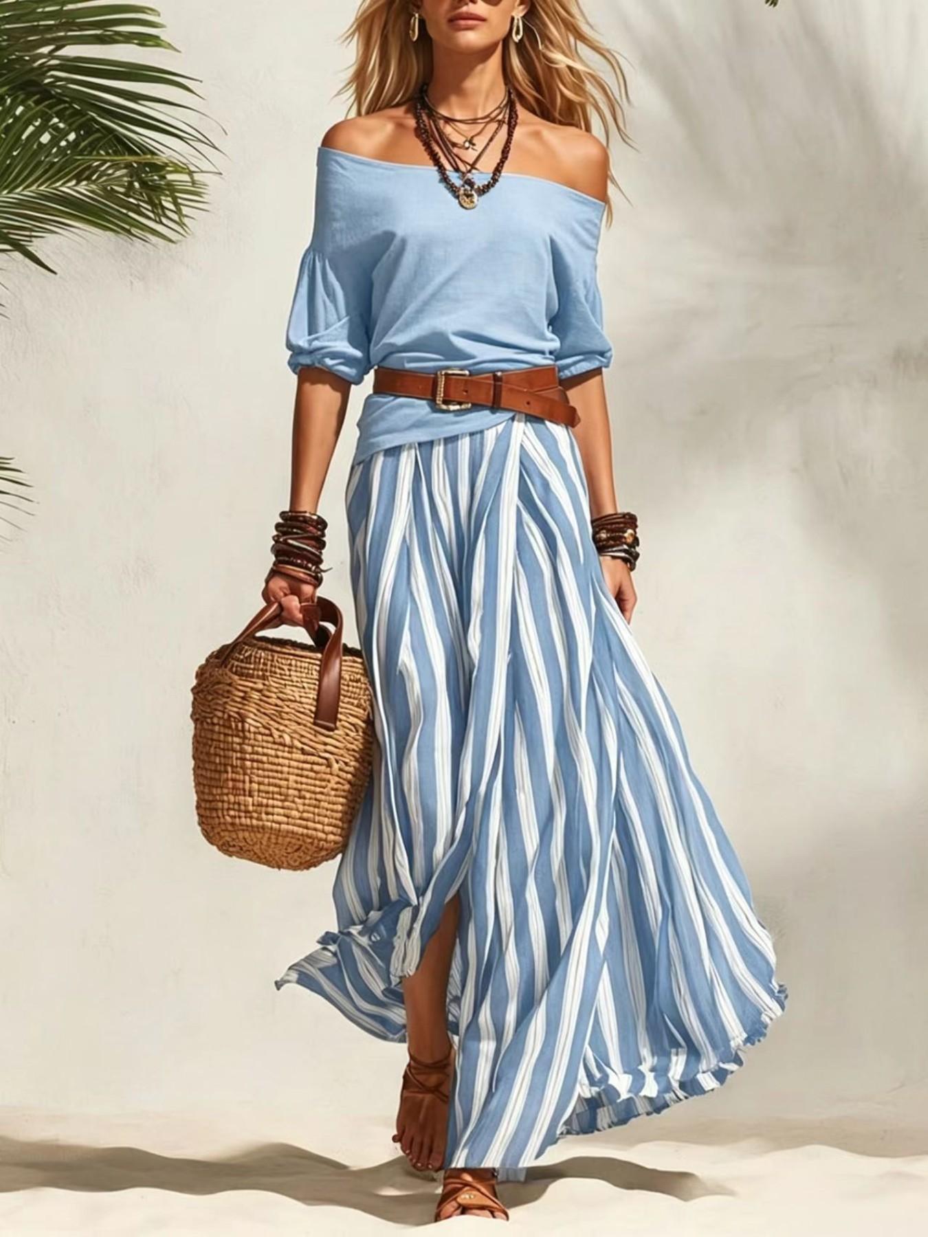 Women's 2 Piece Boho Off Shoulder T Shirt and Striped Maxi Skirt Outfit, Casual Vacation Matching Set, Summer Beach Resort Wear