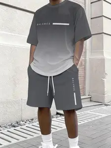 Men's Gradient Letter Signature 3D Digital Full-Body Print T-Shirt + Beach Shorts Set, Casual Round Neck Short Sleeve T-Shirt & Drawstring Shorts Two-Piece Set