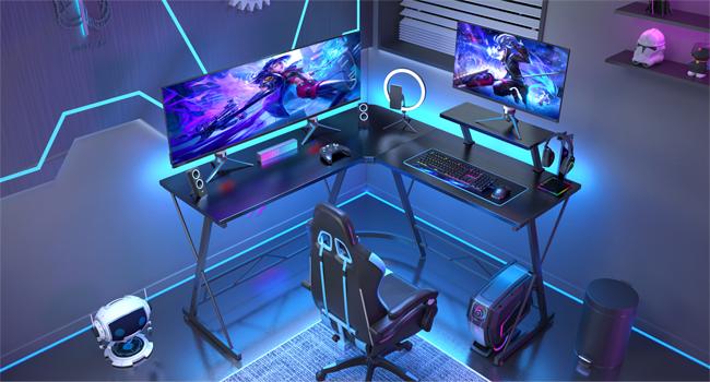 Mr IRONSTONE L Shaped Gaming Desk with Led Lights Corner Computer Desk,L shaped desk, Home Office Desks Writing Workstation with Large Monitor Stand, Easy to Assemble, Carbon Fiber Surface,51 Inch, BlackFriday, CyberMonday