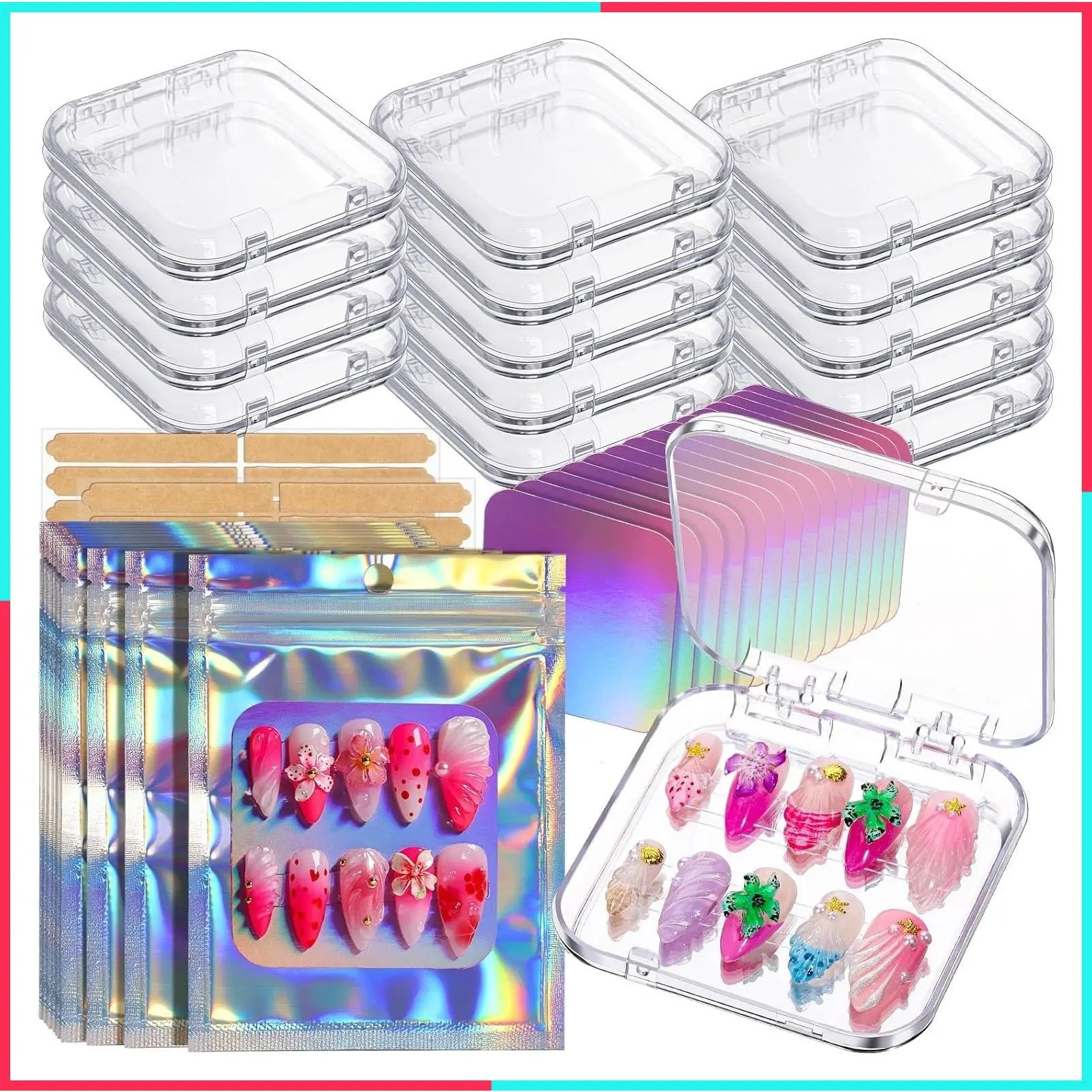 Press on Nail Storage Box with 15 Pcs Acrylic Nail Display Case, 15 Sets Holographic Bags & Cards, 60 Pcs Double Sided Tape, Press on Nail Kit for Small Business Nail Salon