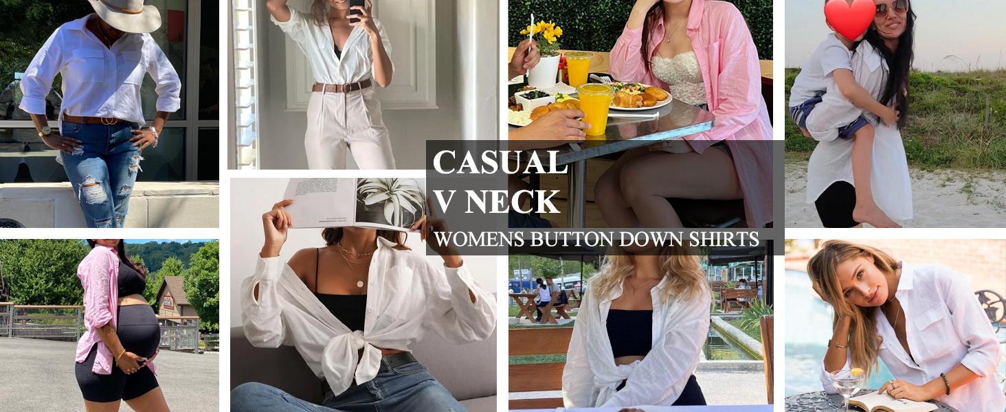 JEKAOYI Womens Oversized Roll Up 100% Cotton Button Down Long Sleeve Shirts V Neck Cuffed Sleeve Work Solid Blouse Tops with Pockets SpringStatements