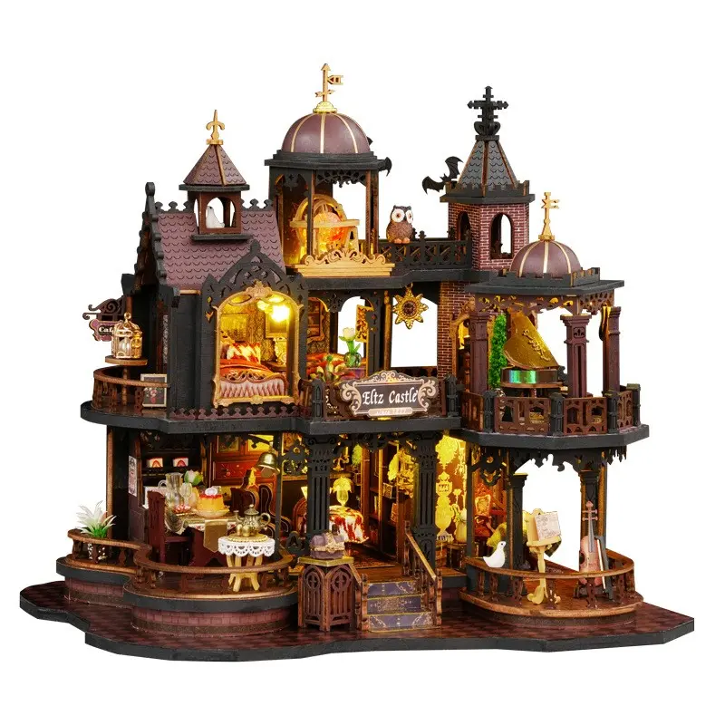 Edinburgh 24.5cm Wooden DIY Gothic Vintage House Model, Handmade Assembly Miniature Villa Toy, Miniature Houses, Perfect Gift for Boys Girls Birthday Christmas