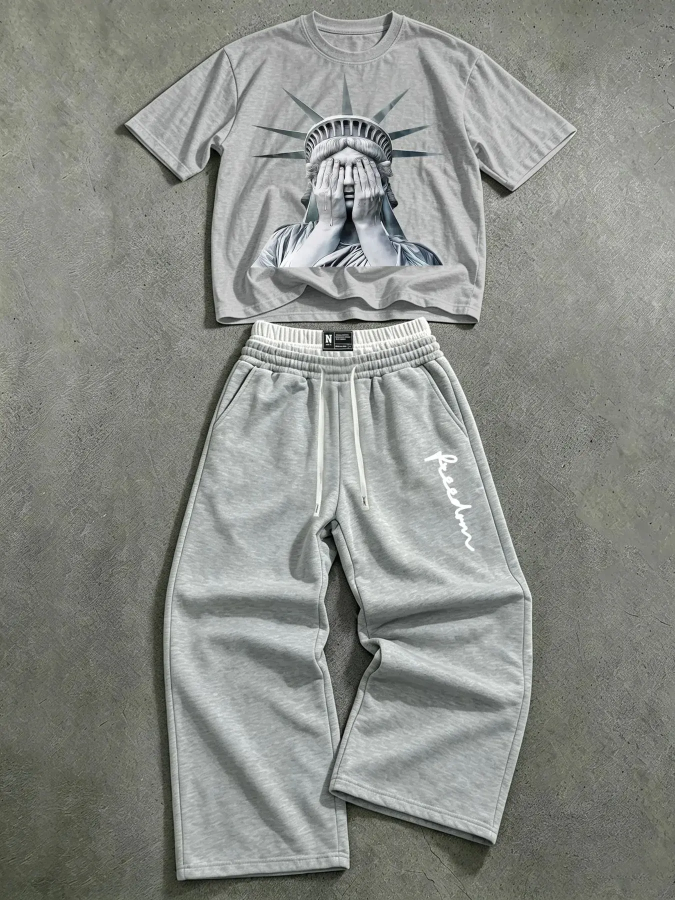Unisex Street Style Two-Piece Set, Statue of Liberty Graphic Short Sleeve T-Shirt & Drawstring Pants, Loose Fit, All Seasons, Streetwear