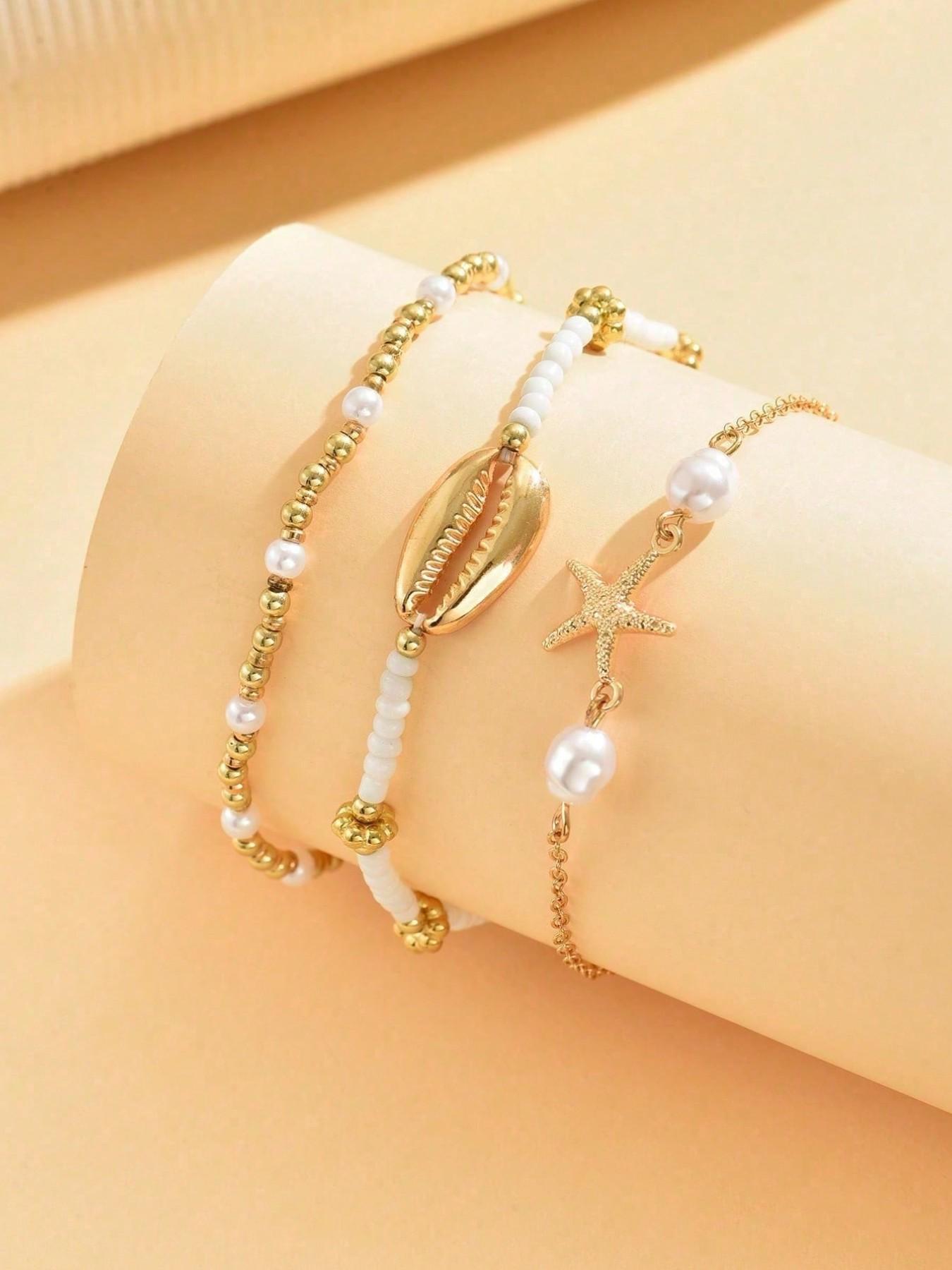 3pcs Beach Ocean Style Starfish & Shell Beaded Anklet Set, Zinc Alloy Foot Jewelry for Women, Ideal for Daily & Beach