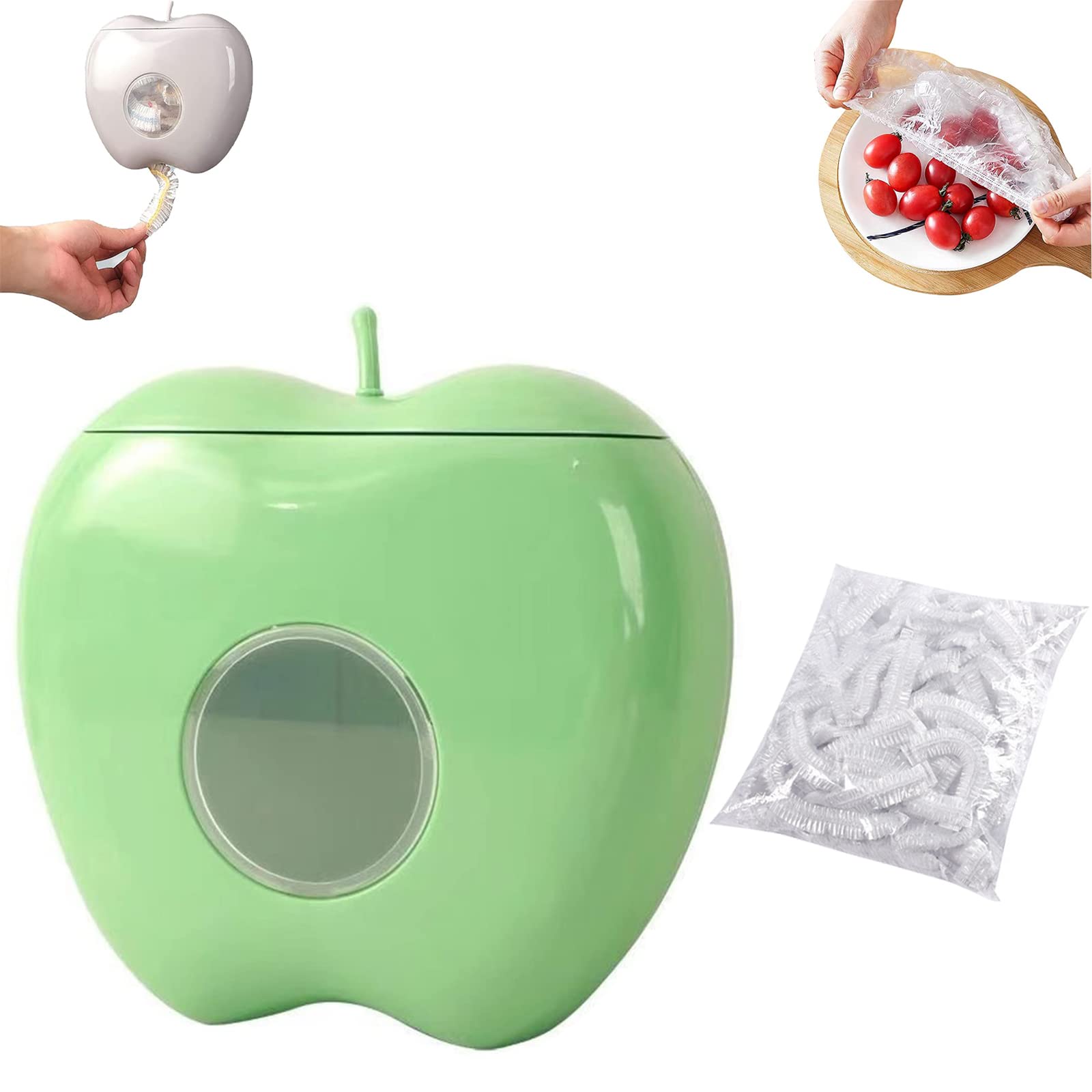 Plastic Wrap & Food Storage Bag Dispenser — Includes 100 Sheets of Plastic Wrap | Multi-functional, Wall-Mounted Kitchen Organizer | No-Drill, High-Capacity, Apple-Shaped Storage Box for Kitchen & Bathroom (Green + 100 Sheets)