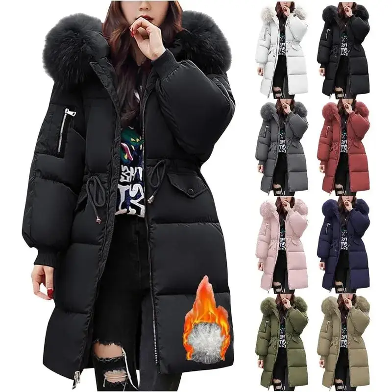 Winter Jackets for Women UK Quilted Down Long-Length Puffer Coats Lightweight Waterproof Jacket with Fur Hood Plus Size Slim Trench Coat Warm Outerwear