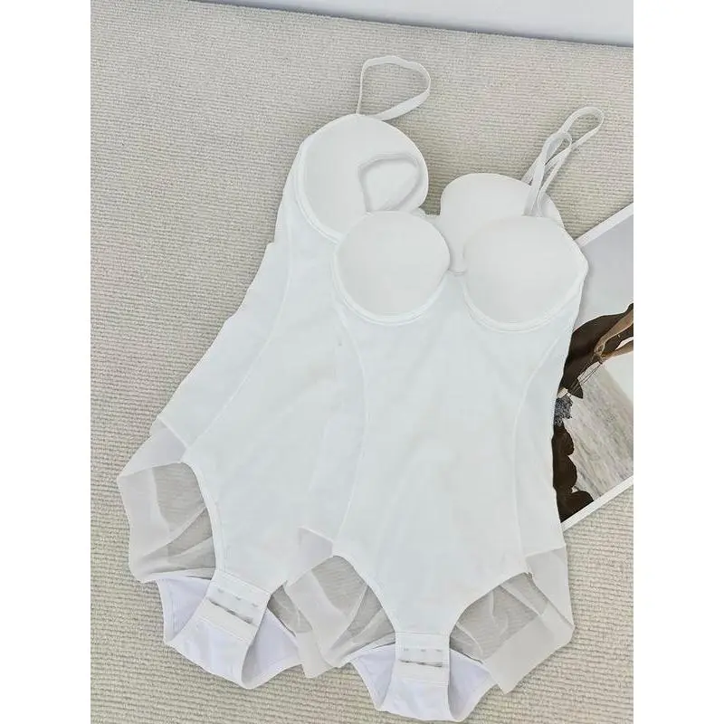 Women's Solid Color Contrast Mesh Sheer Cami Shapewear Bodysuit, Adjustable Strap Tummy Control Shaper, Women's Shapewear for All Seasons