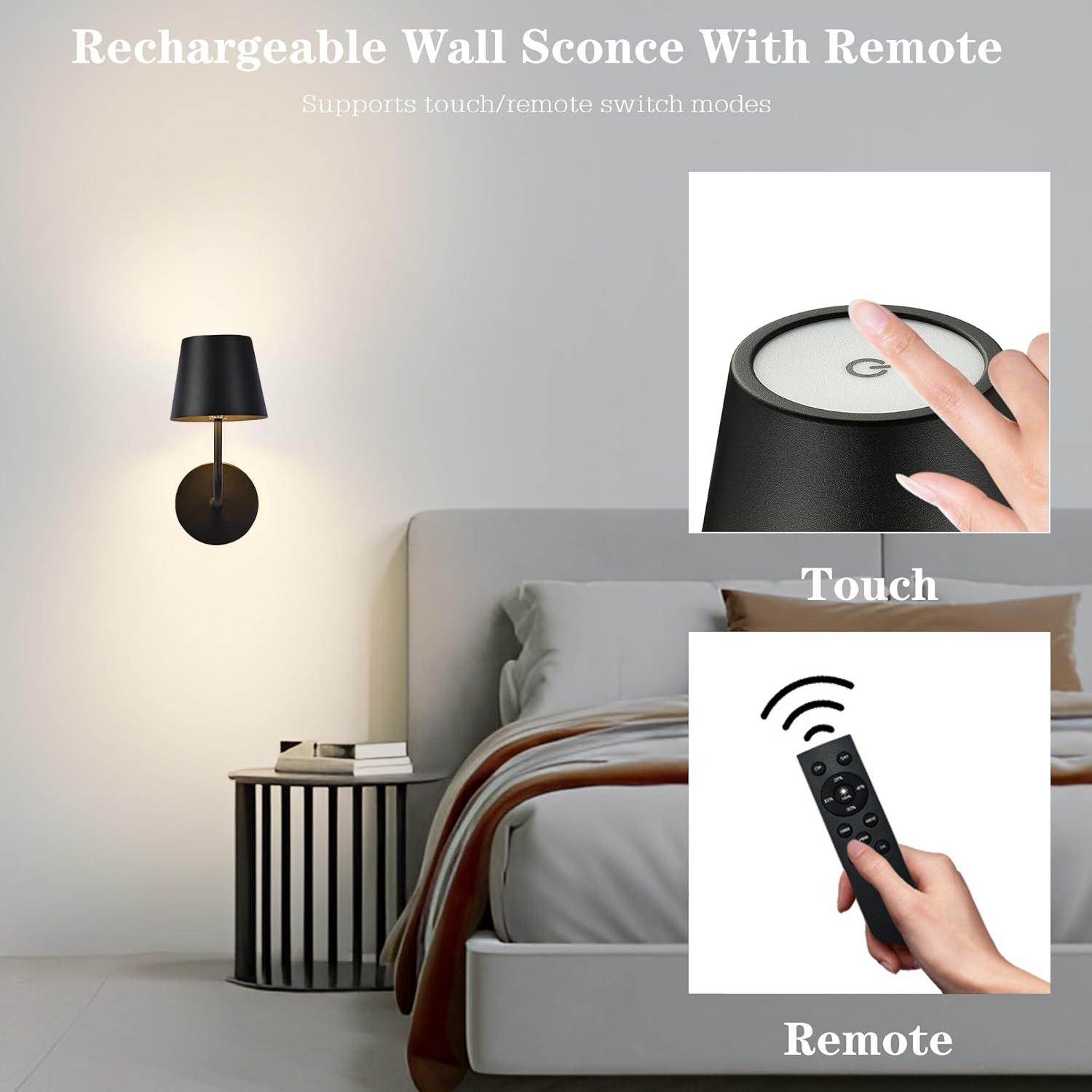 2-Pack LED Wall Lights, Adjustable Dimmable Touch Remote Control, Wire-Free Lamp for Bedroom Bedside Study Hallway Entryway