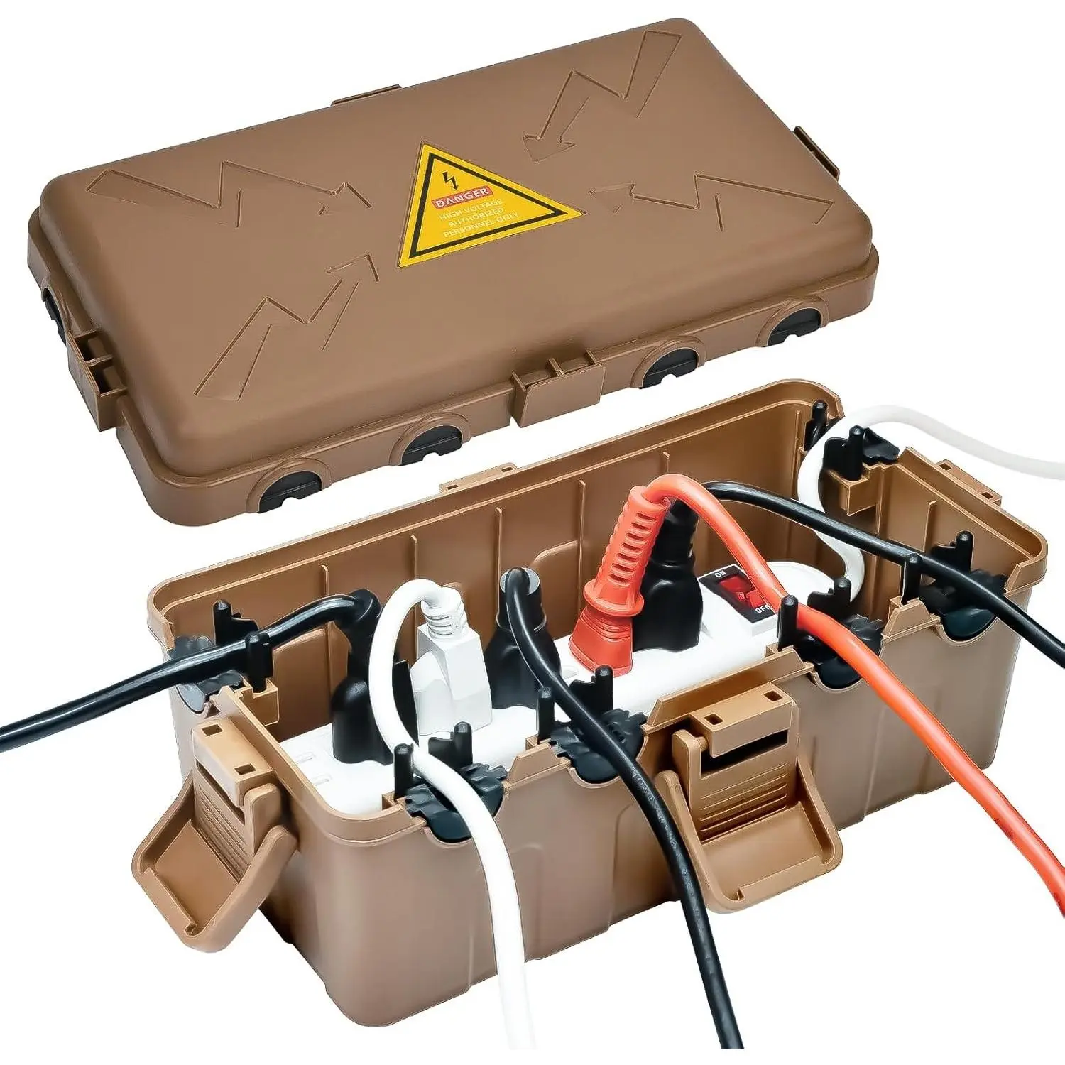 Medium Outdoor Electrical Box(10.6x5.5x4.5inch),Weatherproof Connection Box w/6 Cable Entry,IP54 Waterproof Extension Cord Cover Protect Power Strip,Timer,Plug,Holiday Lights,Brown