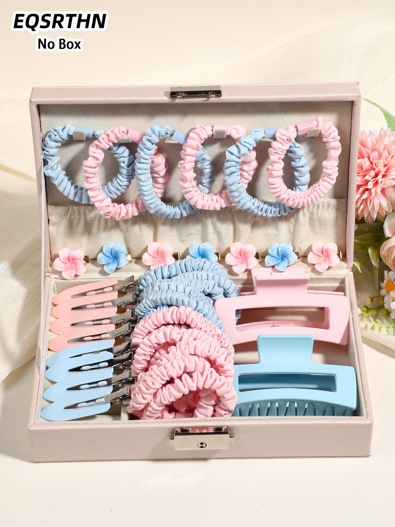 37pcs powder blue hair ring hairpin set, hair ring resin egg flower small hairpin seamless clip square clip, Macaron powder blue hair accessories set, ladies daily commute appointment