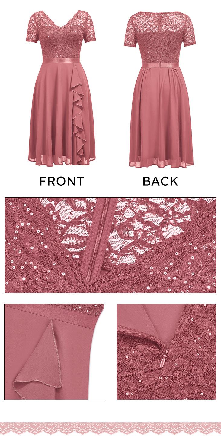 MIUSOL 24224 VNeck Contrast Lace Solid Shortsleeve Sequin Insert Ruffle Trim Chiffon Cocktail Party Swing Dress