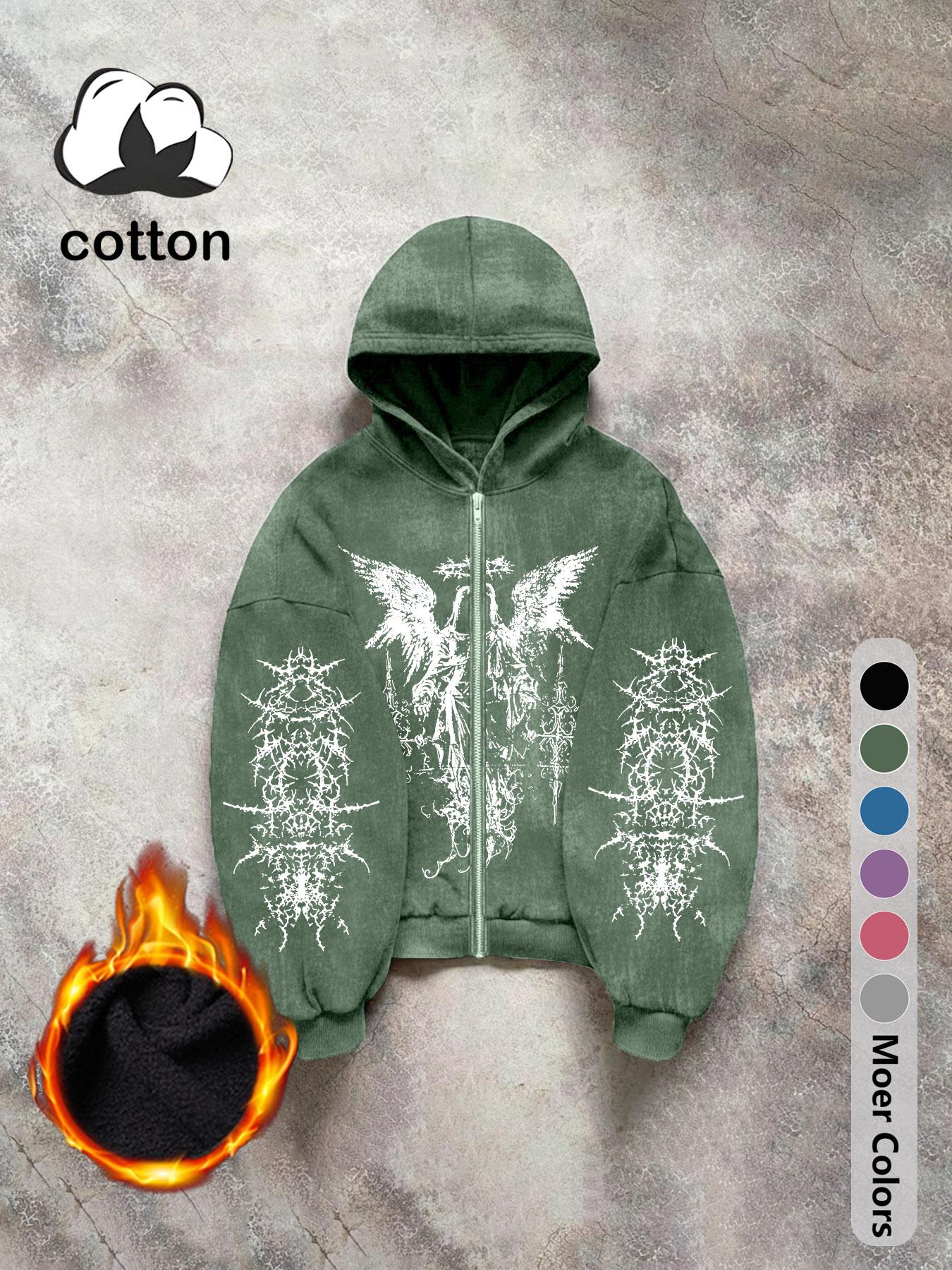 Men's long-sleeved Gothic street Graphic print hooded sweatshirt, washed hooded zipper sweatshirt, casual daily wear, men's long-sleeved fleece autumn and winter jacket