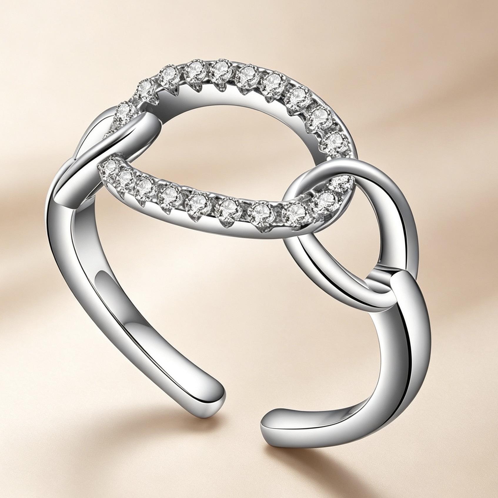 Women's Silver-Plated Copper Open Ring - Interlocking Chain Link, Adjustable, Pave Cubic Zirconia Band with Metal Coating for Daily Wear & Valentine’s Gifting (Indoor Recreation Accessory)