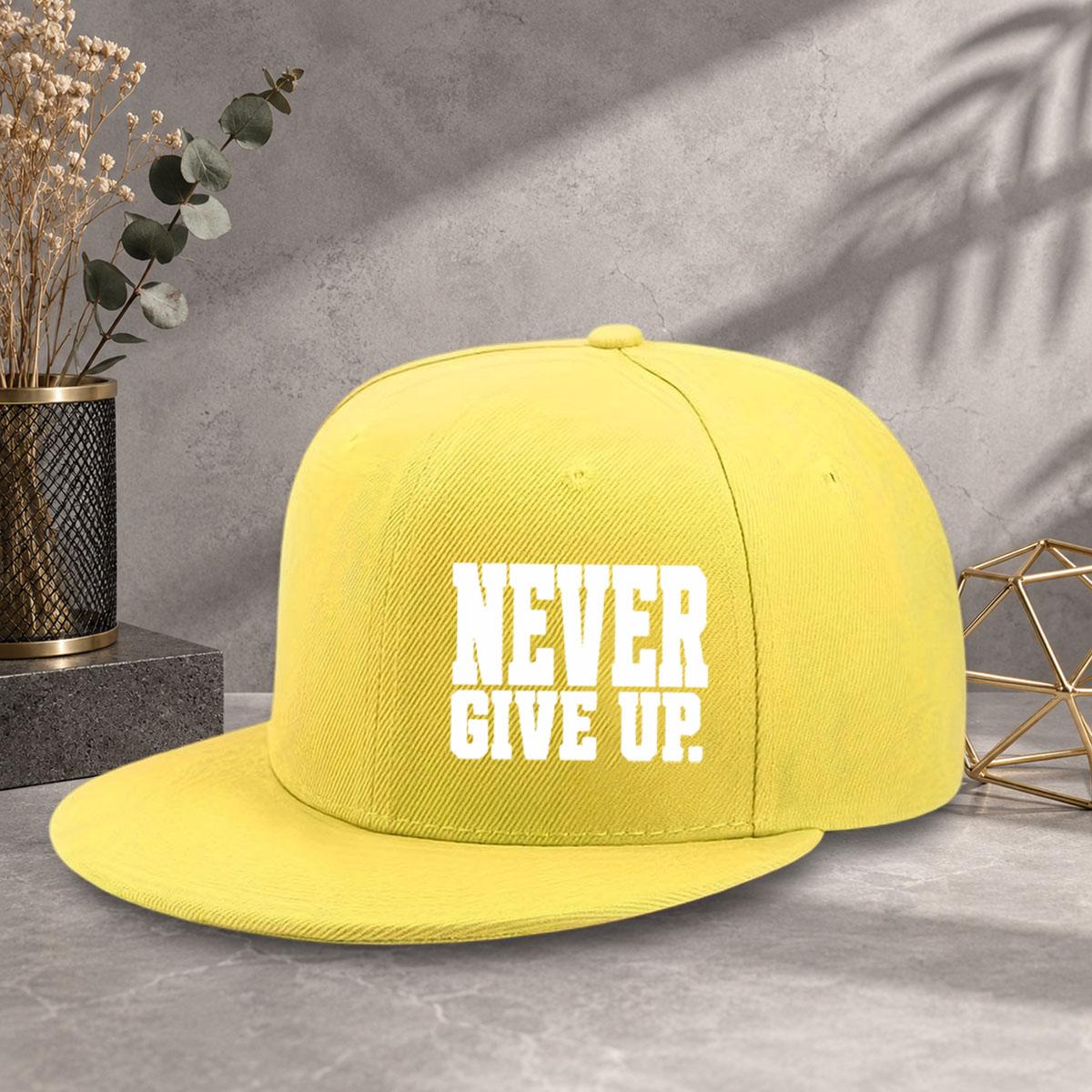 Unisex baseball cap with minimalist text "Never Give Up" printed flat brim design, multiple colors to choose from, adjustable size with code