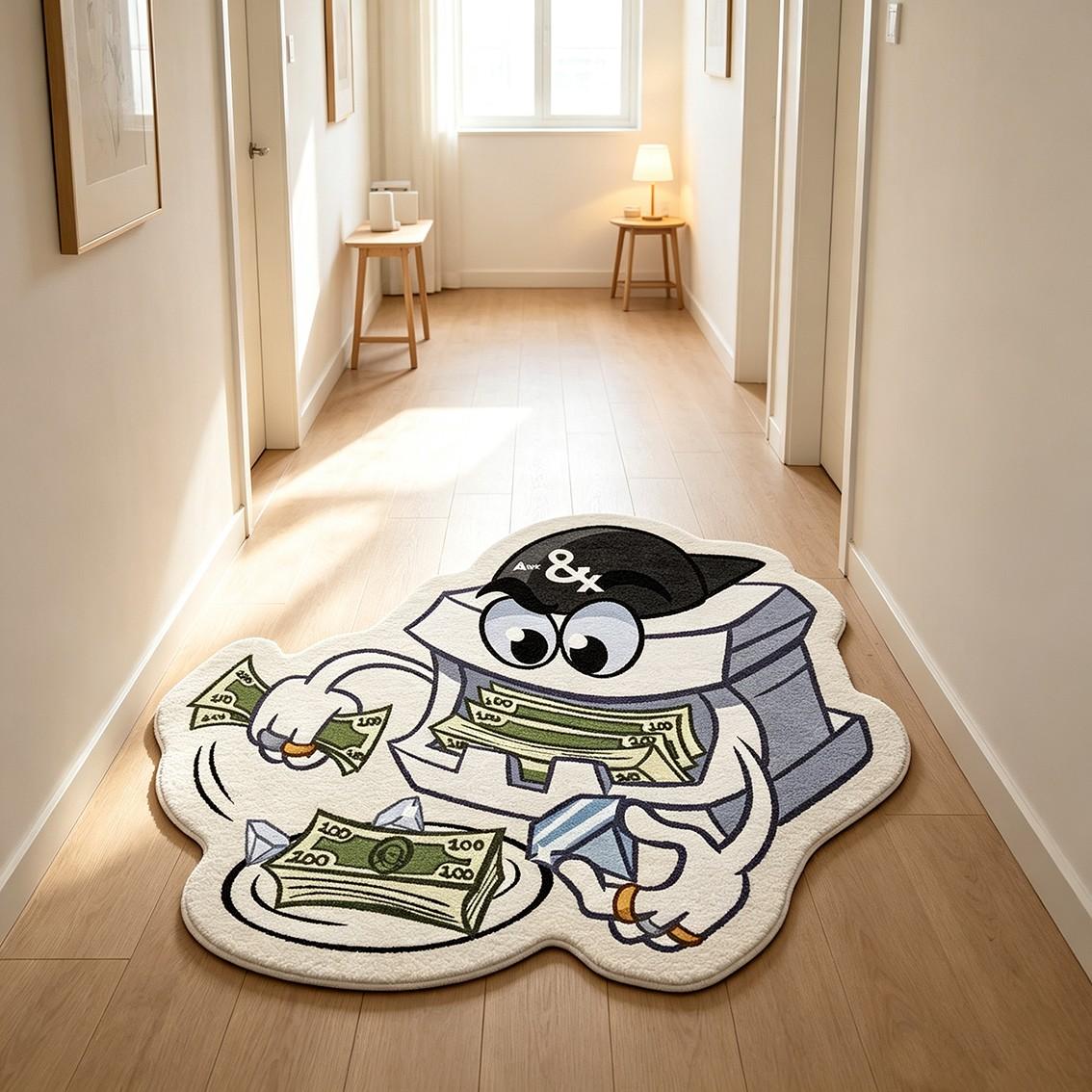 Cartoon treasure chest character alien carpet, plush floor mat with banknote diamond pattern, anti slip decorative floor mat for the bedroom with the theme of sudden wealth, Modern indoor rug