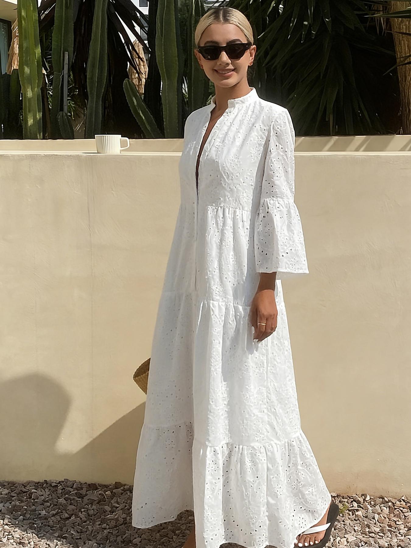 A women's white fashionable French flared sleeve tunic dress with elegant French style, Modest Summer Outfit, suitable for commuting to work, shopping and outdoor activities, indoor and outdoor dressing A women's white fashionable French flared sleeve tunic dress with elegant French style, Modest Summer Outfit, suitable for commuting to work, shopping and outdoor activities, indoor and outdoor dressing