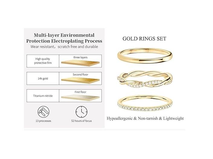 Tewiky Stackable 14K Gold Plated Zircon Rings for Women Non Tarnish, Dainty 14K Gold Diamond Rings Set Thumb Fashion Thin Cubic Zirconia Ring Pack Simple Unique Statement Rings Gold Jewlery Women 5/6/7/8/9/10 Valentine's Day gifts Engagement Wedding Bands