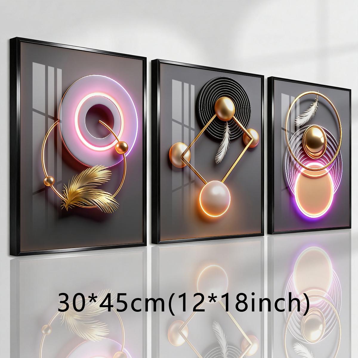 3 Counts Aluminum Alloy Framed Painting, Modern Geometric Feather Art Pictures, Home Decoration For Living Room, Bedroom, Office, Restaurant, Hallway Wall Decor, Odorless Print Artwork, Luxury Perfect Gift For Friends And Family