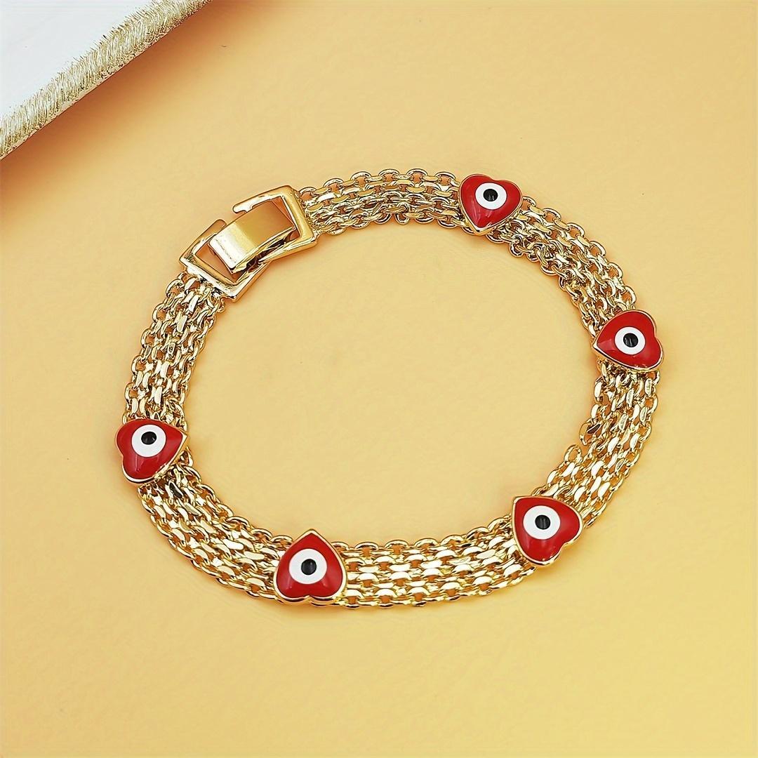 Women's Exquisite Trendy Boho Evil Eye Layered Bracelet - Gold-Tone Copper with Red Beads & Plastic Accents, Adjustable Size, Stainless Steel, Layered Look, Trendy Festival Gift, Bohemian Fashion Accessory Sets