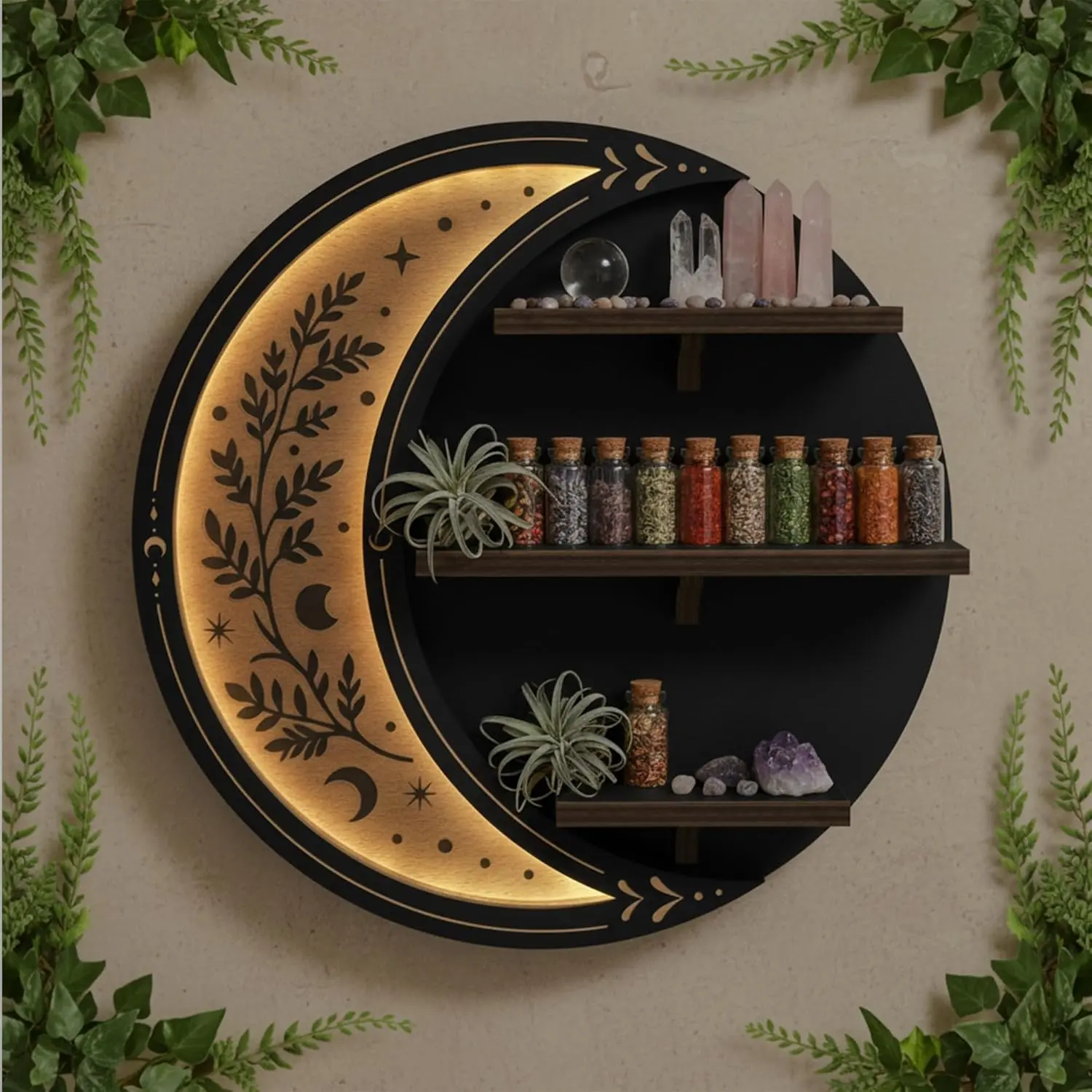 Wall Shelves for Bedroom, Moon Shelf with LED Light, Whimsical Decor| Wooden Floating Shelf for Trinket Knick Knack Crystal Rock Gem Essential Oils