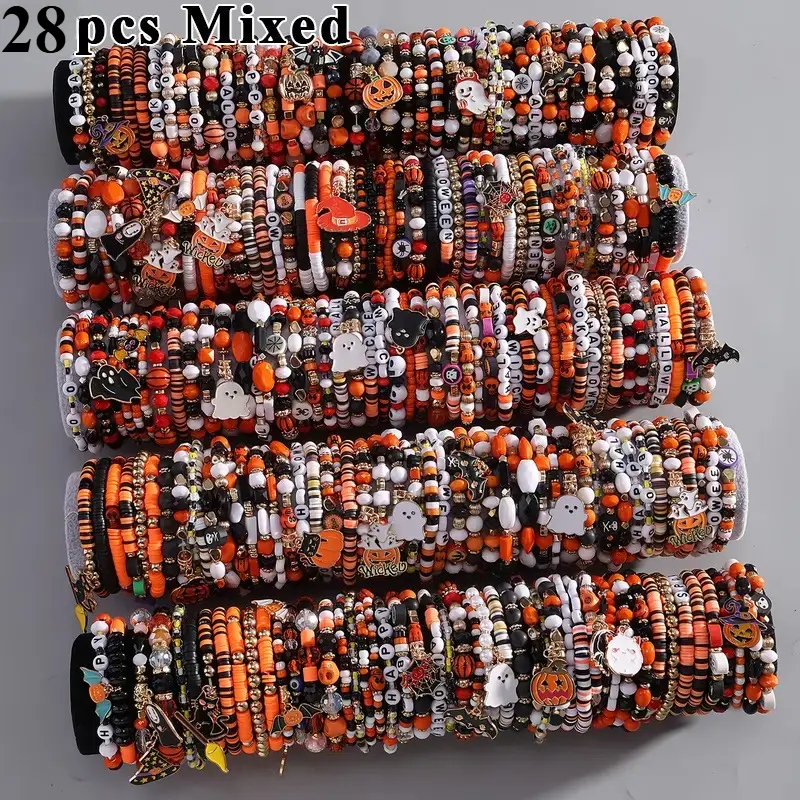 Unisex 28pcs Mixed Halloween Bead Elastic Bracelet Set - Casual Stackable Bands with Letter Beads, Halloween Charms (Spider, Bat, Pumpkin), Elastic Wristband, Party & Holiday Costume Jewelry Accessories