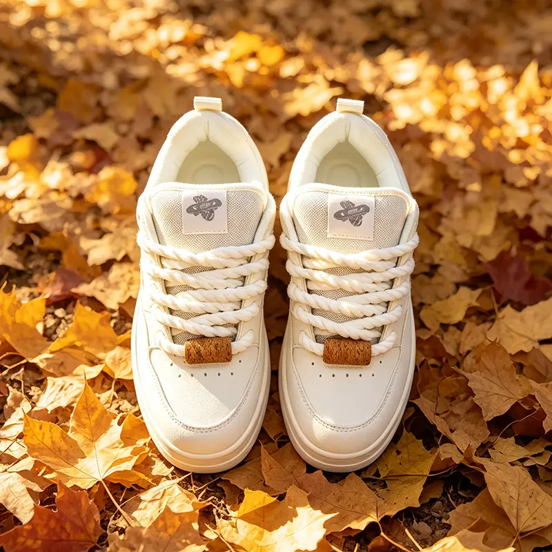 Women’s White Thick Rope Lace Chunky Platform Sneakers, Cork Ornament Lace‑Up Skate Shoes, Minimal Retro Street Fashion Casual Footwear for All‑Day Comfort