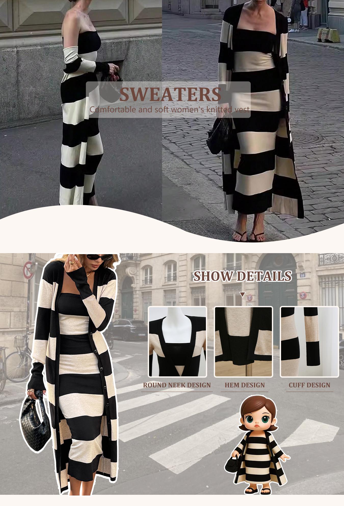 Women's Striped Print Button Front Longline Cardigan & Tube Dress Two-piece Set, Casual Long Sleeve Outerwear & Strapless Long Dress for Daily Wear, Casual Chic Dress, Ladies Two-piece Outfits for All Seasons
