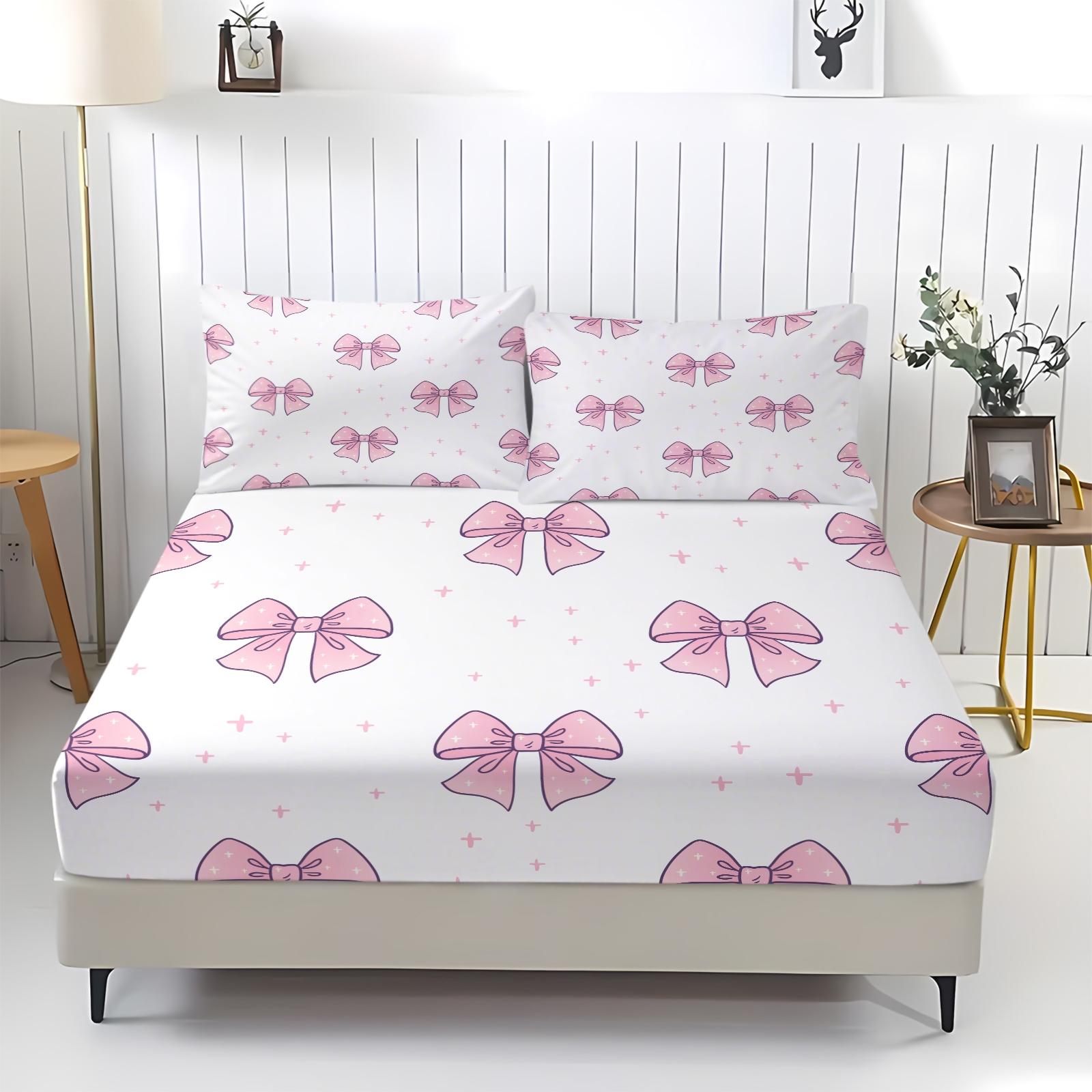 Pink bow bed sheet with comfortable printed pattern, including 1 bed sheet and 2 pillowcases, comfortable bedding, anti slip dust cover suitable for bedrooms and guest rooms, suitable for adult bedroom and guest room decoration gifts, Bed Sheets Set