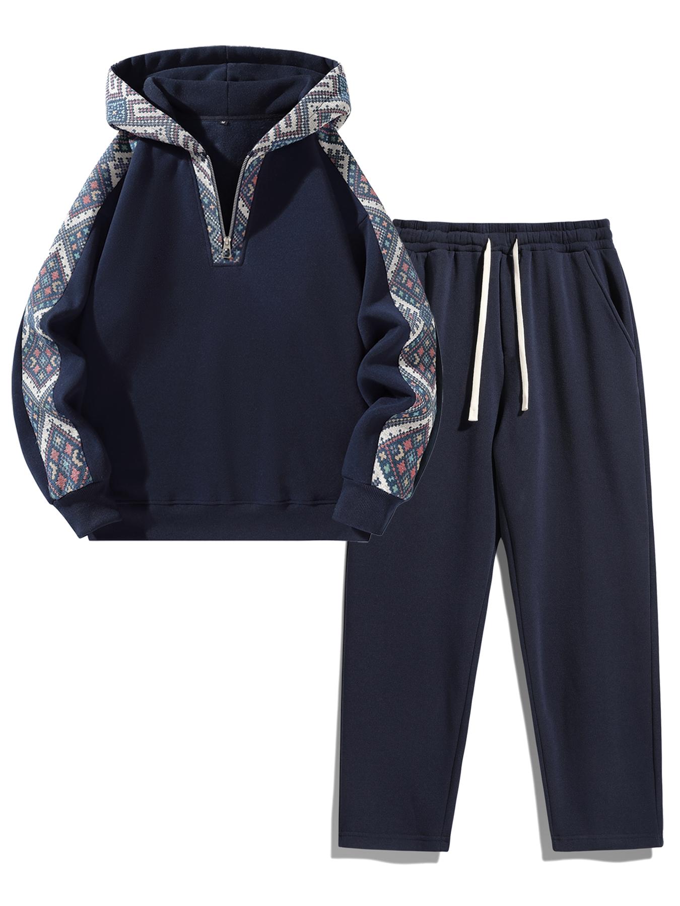 Men's Plain Two-piece Sweatsuit Set, Basic Regular Fit Casual Drop Shoulder Half Zip Long Sleeves Hoodie & Pocket Drawstring Elastic Sweatpants, Men's Clothing