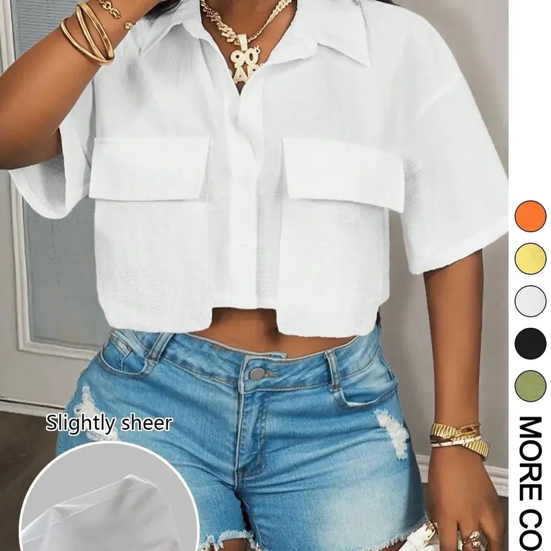 【Black Friday】Women's Solid Color Short Sleeve Blouse, Casual Pocket Crop Top for Summer, Women's Clothing for Daily Wear, Womenswear