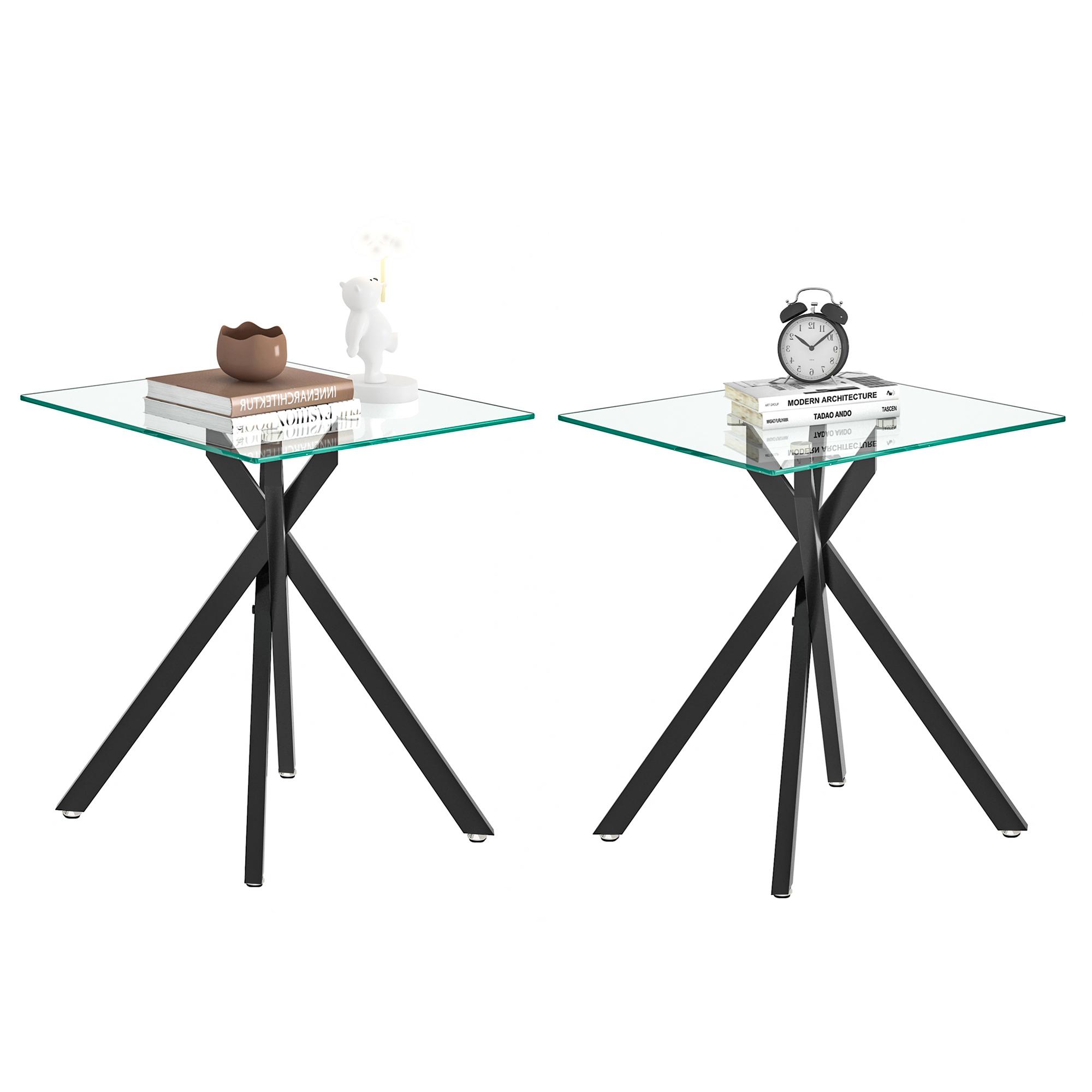 2-Piece Square Tempered Glass Side Table | 17.72" Clear End Tables set of 2 with Golden/Black/Silver Legs for Sofa/Bedroom