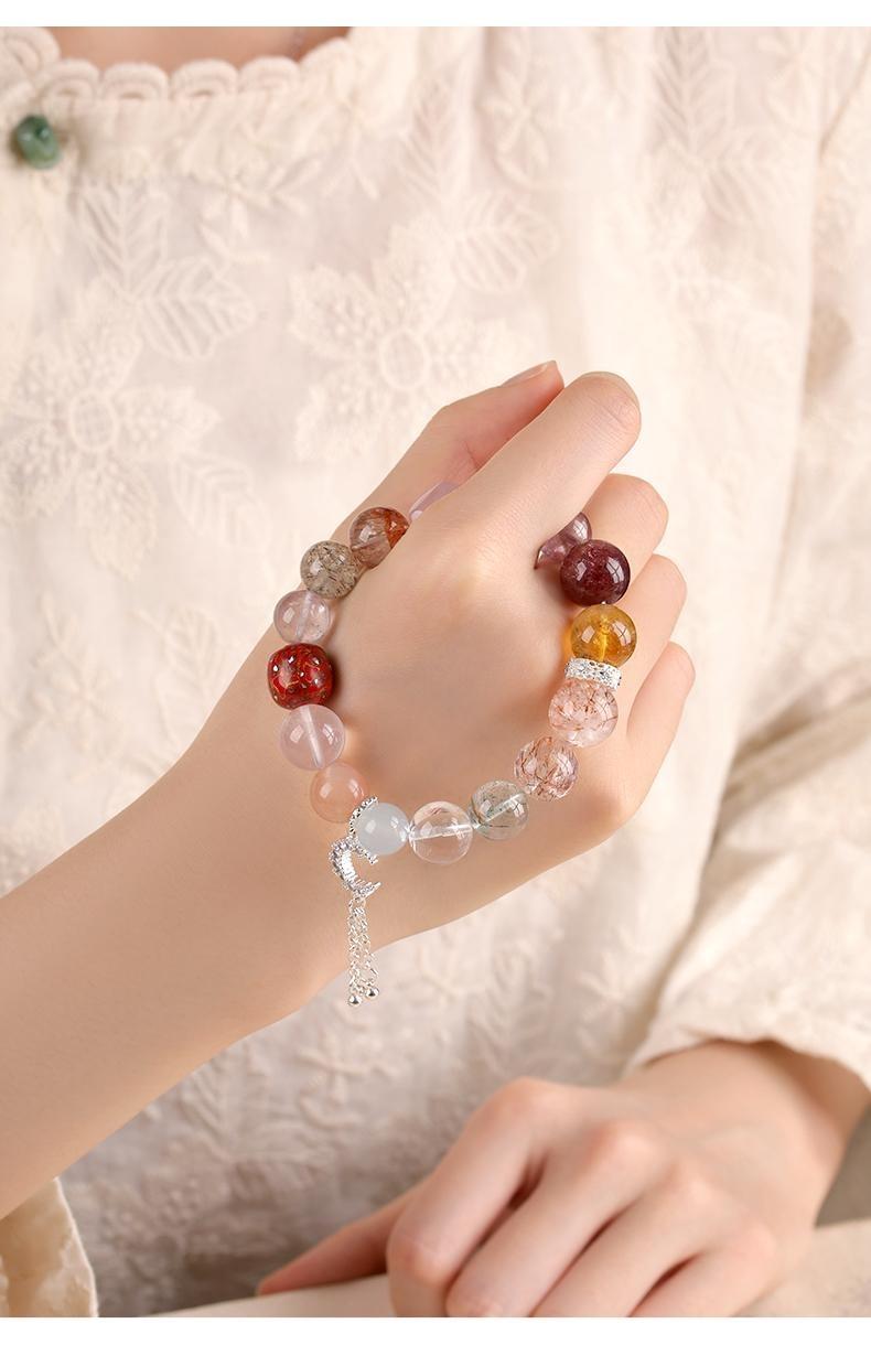 [Multi Treasure Crystal] crystal bracelet, black gold super seven green phantom white crystal blue chalcedony sunstone rose quartz amethyst, unisex, daily wear gift, 10mm beads natural stone, all round good luck symbol