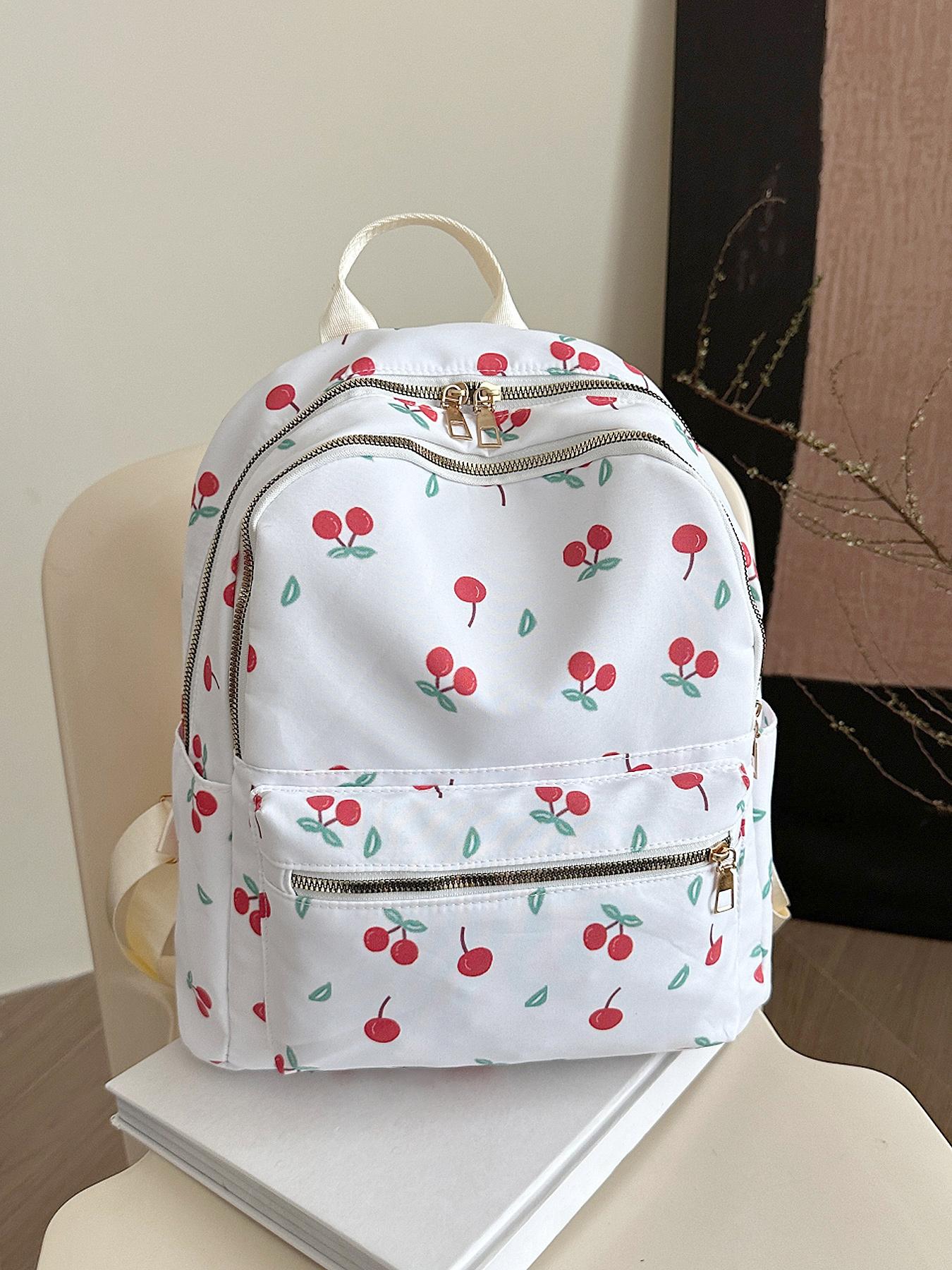 Sweet and fresh cherry element backpack, simple design, fashionable and exquisite, energetic campus style, versatile, light and practical, good for shopping and traveling, suitable for daily commuting  etc.