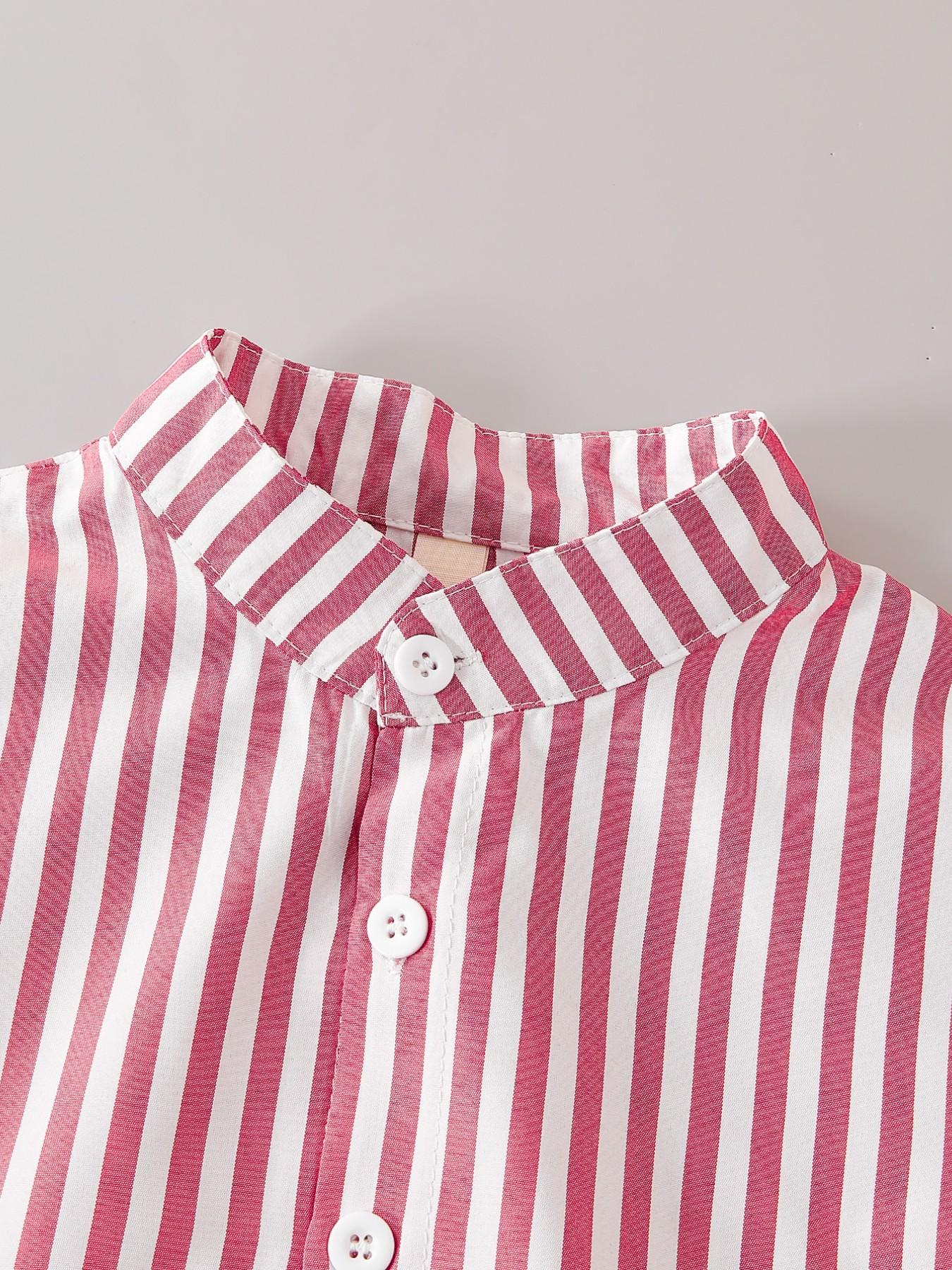 Boys' Summer New Set, Casual Stand Collar Button Shirt Short Sleeve with Lightweight Breathable Shorts, Striped Letter Patch