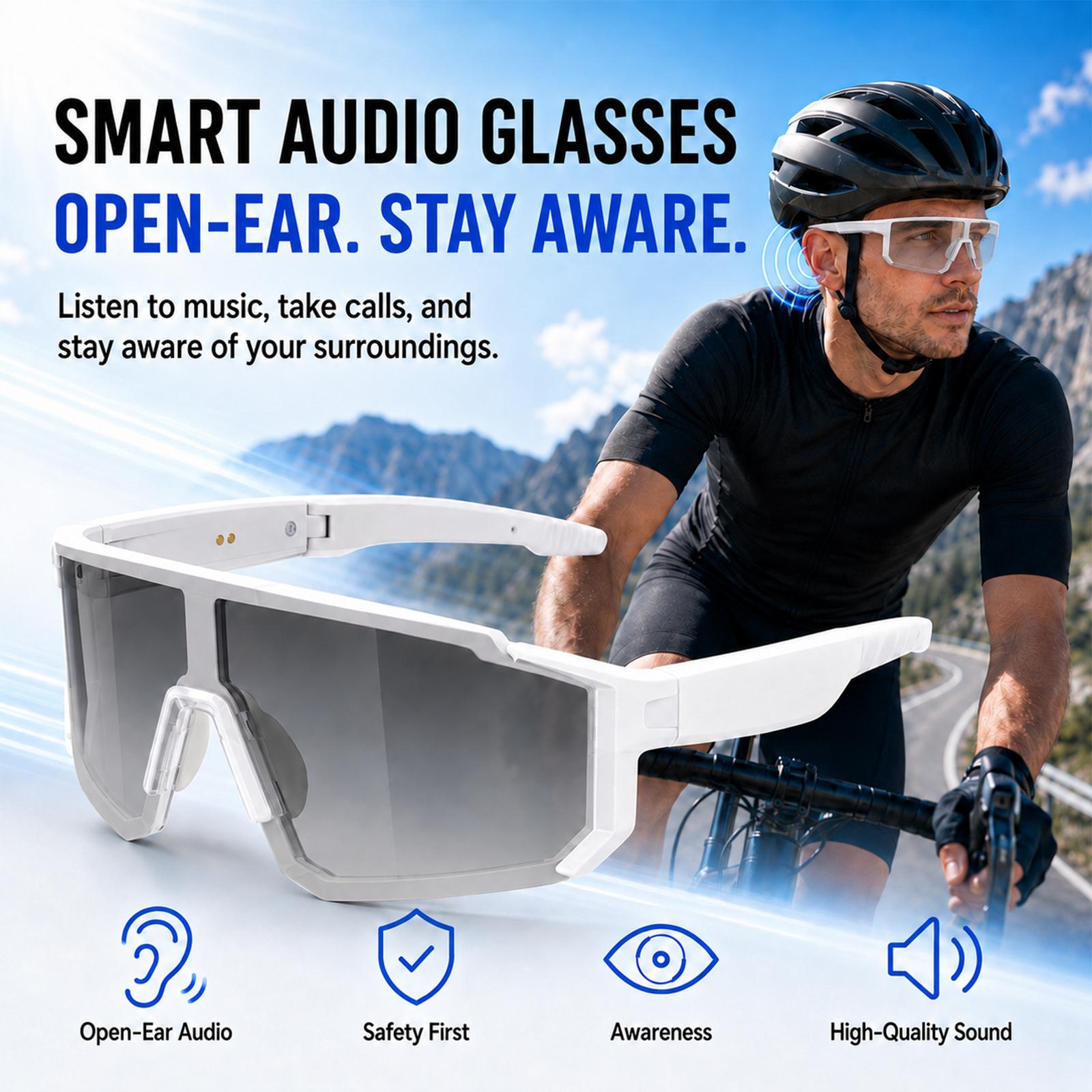 Photochromic Bluetooth Smart Glasses for Men Women, Open-Ear Audio Cycling Sunglasses with Hands-Free Calls, Voice Assistant and UV400 Protection for Running, Fishing, Hiking