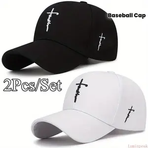 2-Pcs/Set Unisex Baseball Cap Black & White Cross Embroidery Breathable Acrylic Duckbill Design For Outdoor Sports