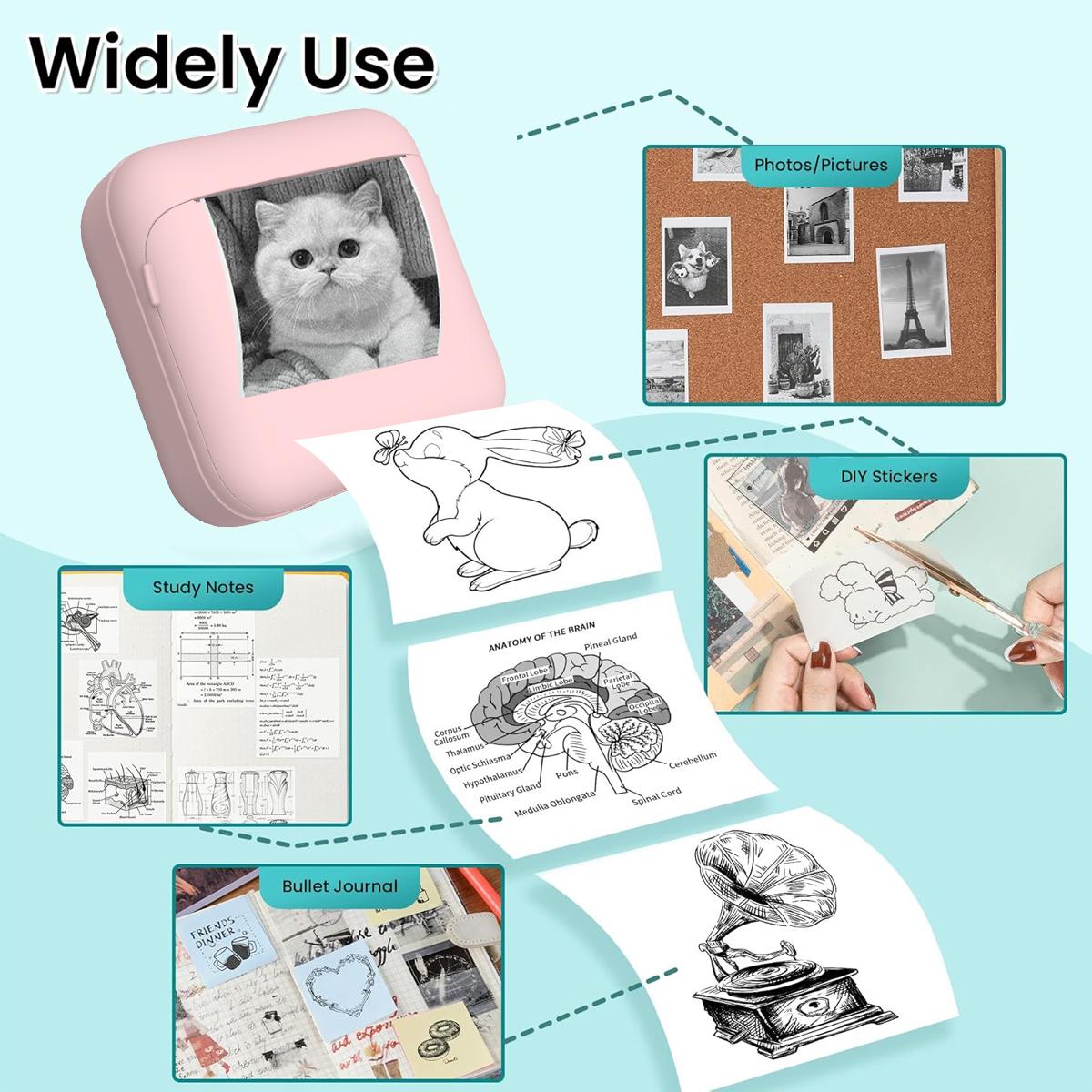 Portable Wireless Mini Printer, Thermal Printing Machine for Notes Journals Work Receipts Crafts, Lithium Batteries Included