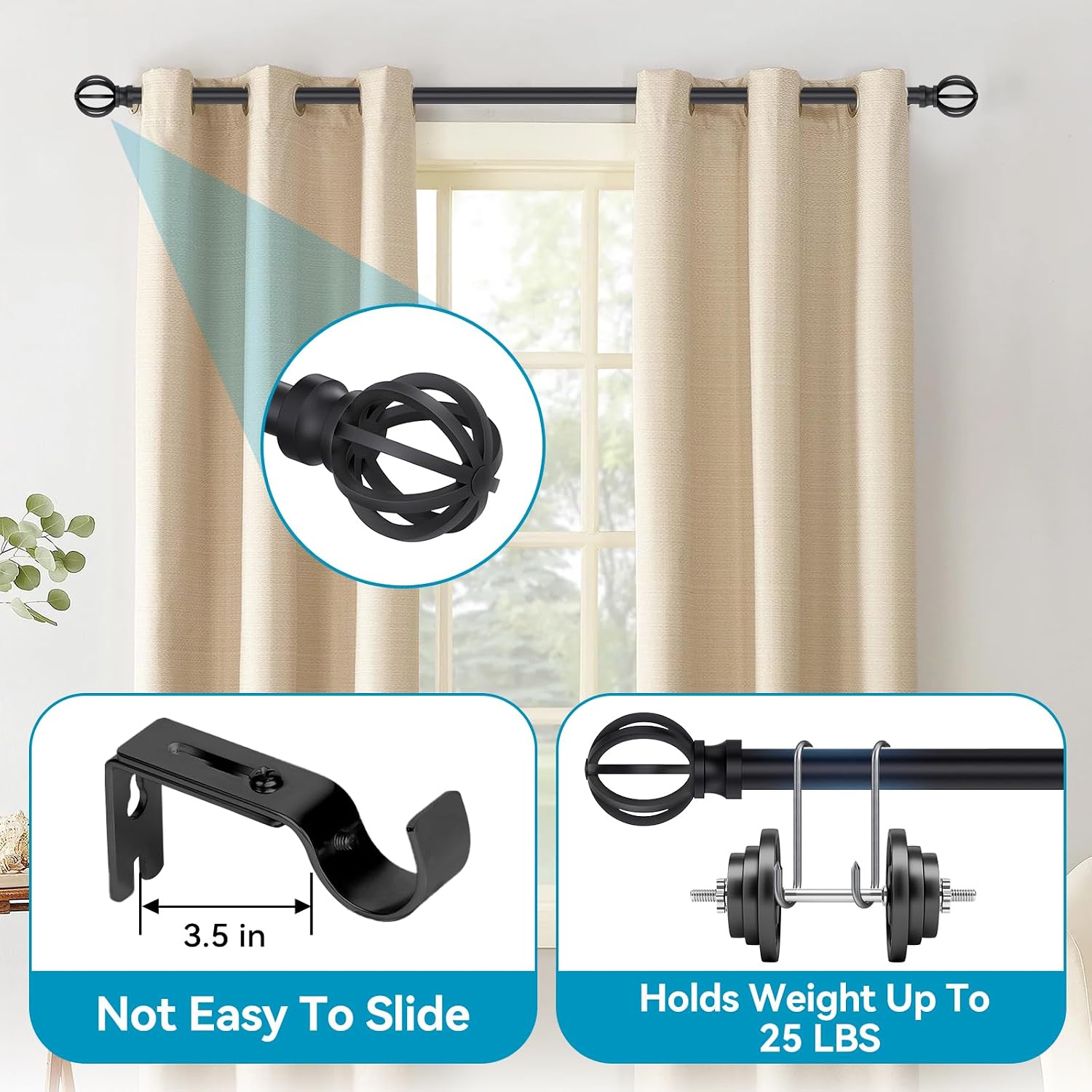Heavy Duty Sturdy Black Curtain Rods for Windows, 28-48 Inches Adjustable, 5/8" Diameter Metal Drapery Rod With Mounting Brackets