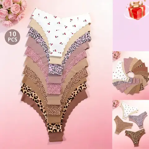 10 Pcs Women'S Seamless Triangle Panties| Soft Leopard & Solid Briefs All Seasons Wear