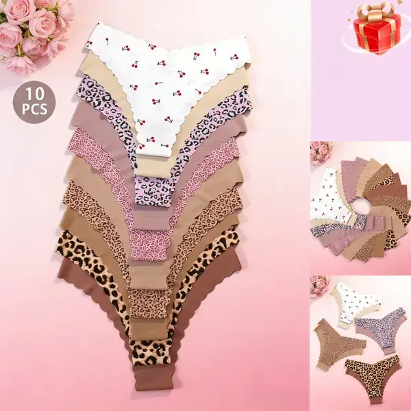 10 Pcs Women'S Seamless Triangle Panties| Soft Leopard & Solid Briefs All Seasons Wear