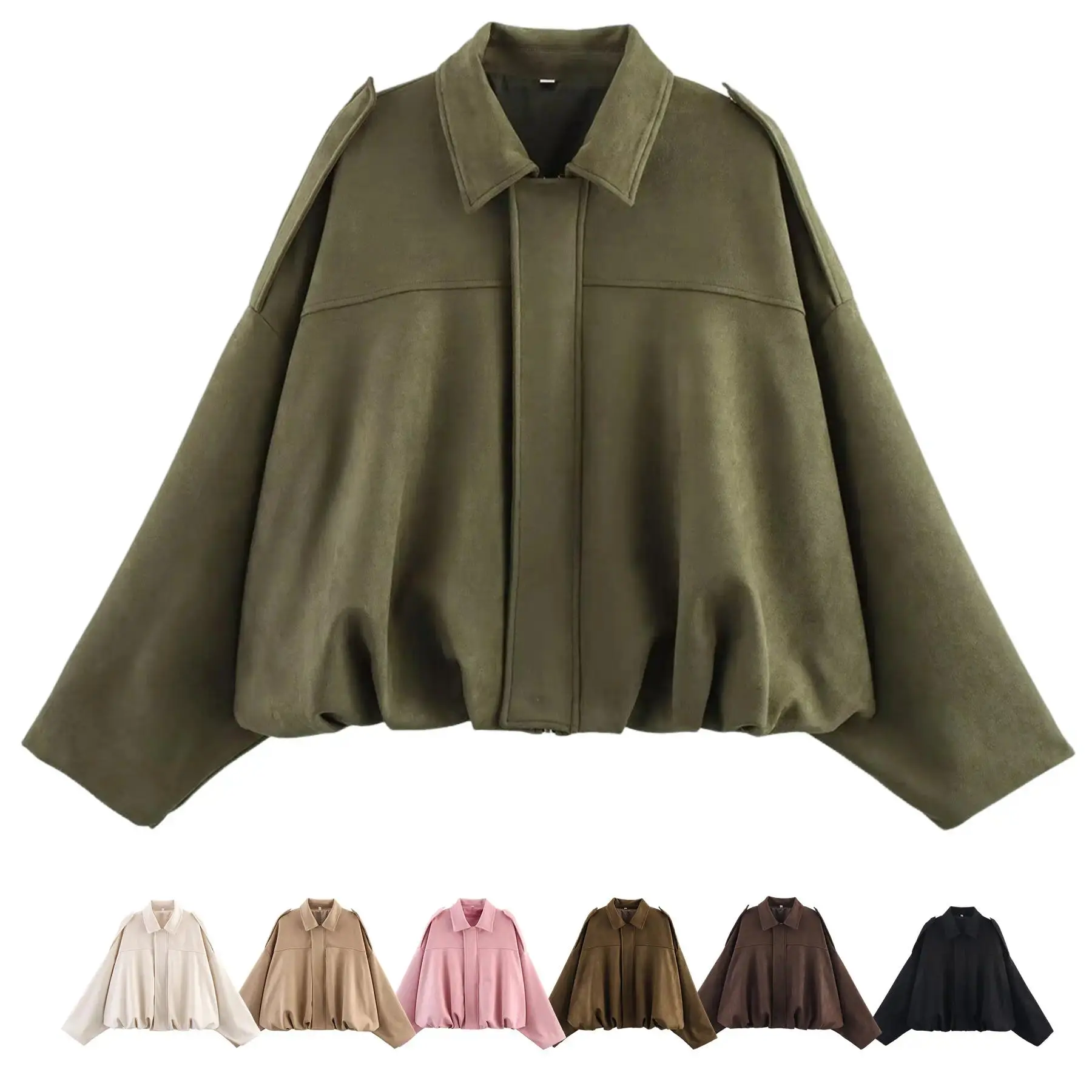Women's Vintage Faux Suede Bomber Jacket, 2026 Spring & Autumn Solid‑Color Collared Zip‑Up Outerwear, Loose Batwing Long Sleeves with Epaulets, Warm Casual Basic Top