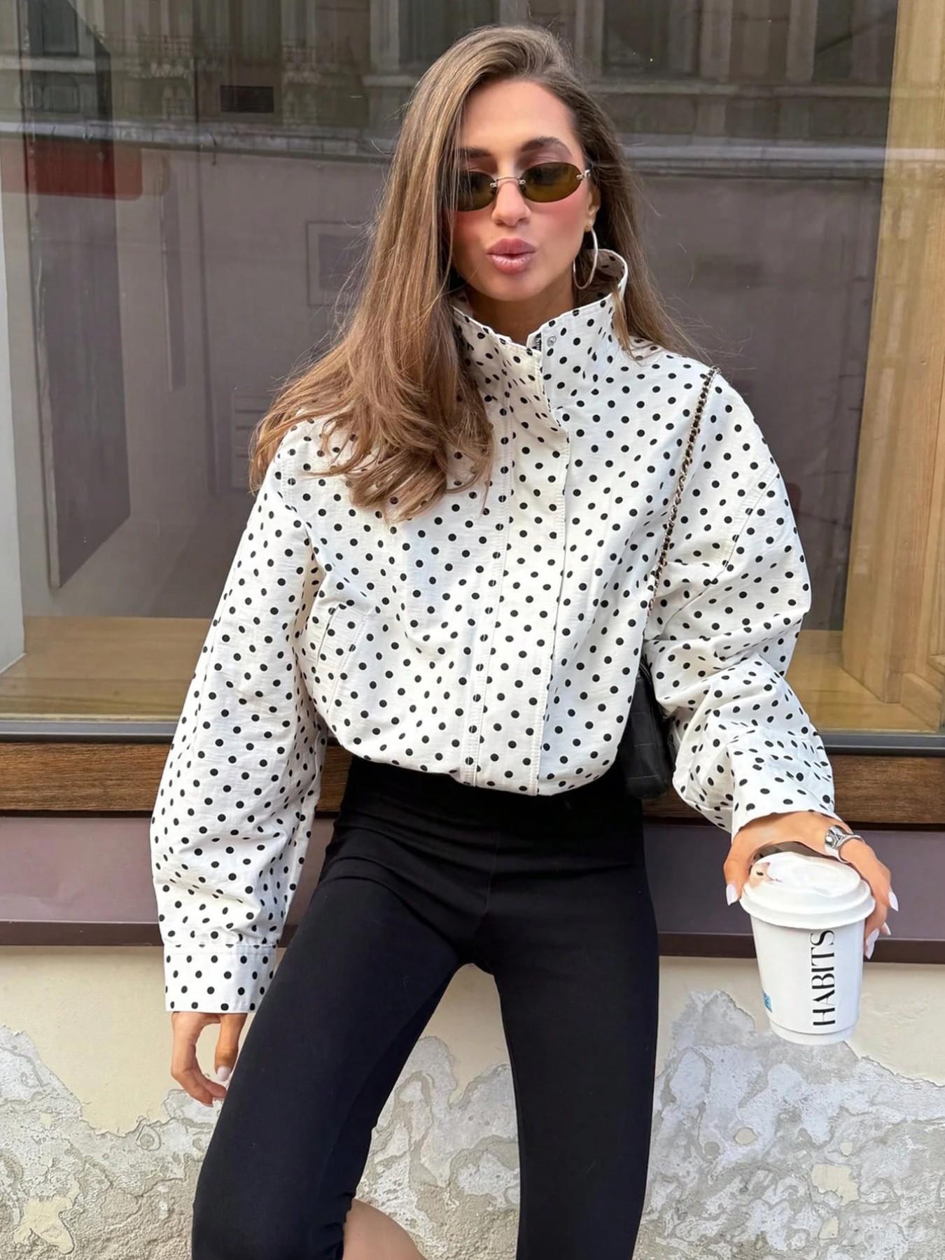 Women's New Aesthetic Polka Dot Pattern Adjustable Drawstring Jacket, Retro Zipper Long Sleeve Stand Collar Outerwear for Everyday Wear, Casual Fashionable Jacket, Streetwear