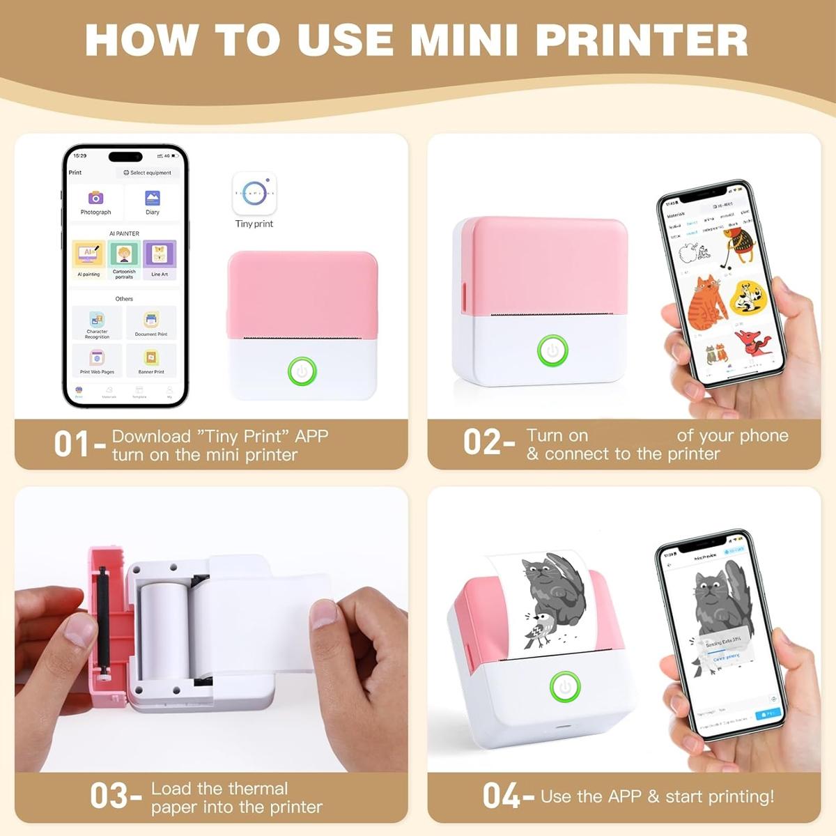 Mini Sticker Printer, Portable Inkless Sticker Maker, Pocket Photo Printer, Thermal Printer Label Maker with 10 rolls Paper, Portable Handheld Printer, for Pictures, Photos, Journals, DIY, Compatible With IOS&Android