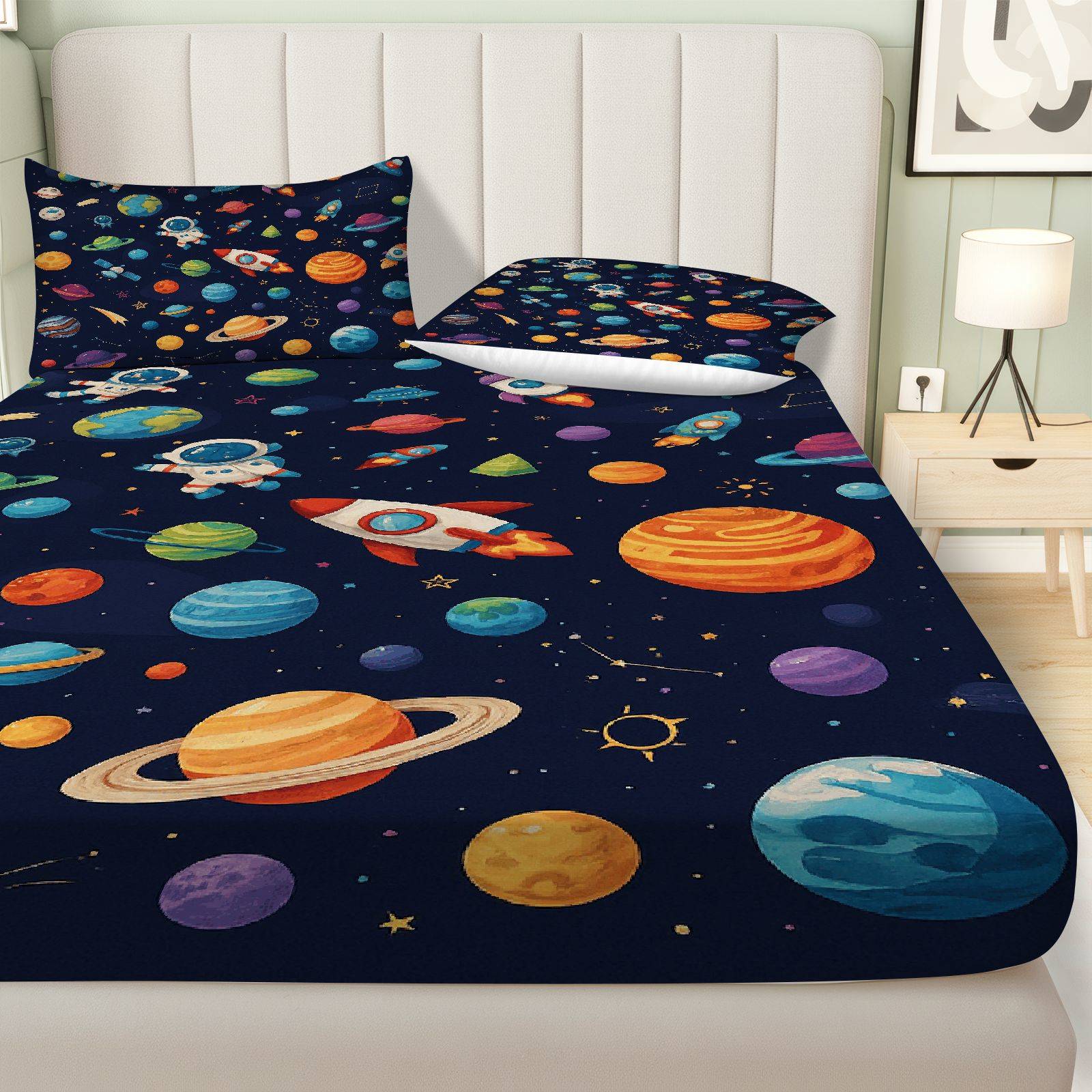 3Pcs Space Planet Astronaut Fitted Sheet Three Piece Set (1*Fitted Sheet+2*Pillowcases, Coreless), Science theme, Galaxy Bedding Set, Mattress Protector Soft, Breathable