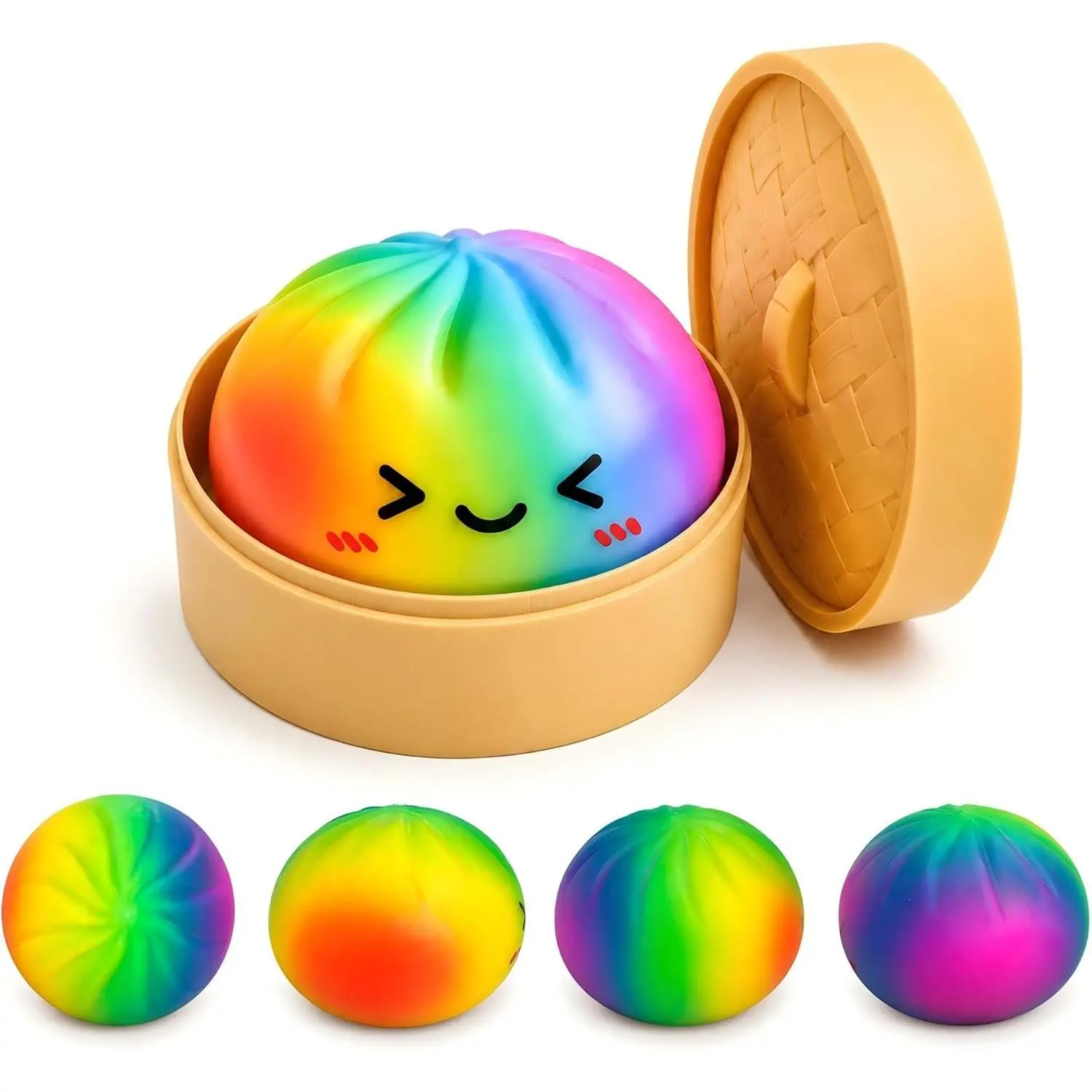 Rainbow Mystery Dumpling Squishies with Steamer Box,Soft Stretchy Bao Bun Stress Relief Balls,Sensory Fidget Squeeze Toys for Anxiety Relief,Decompression Desk Toys